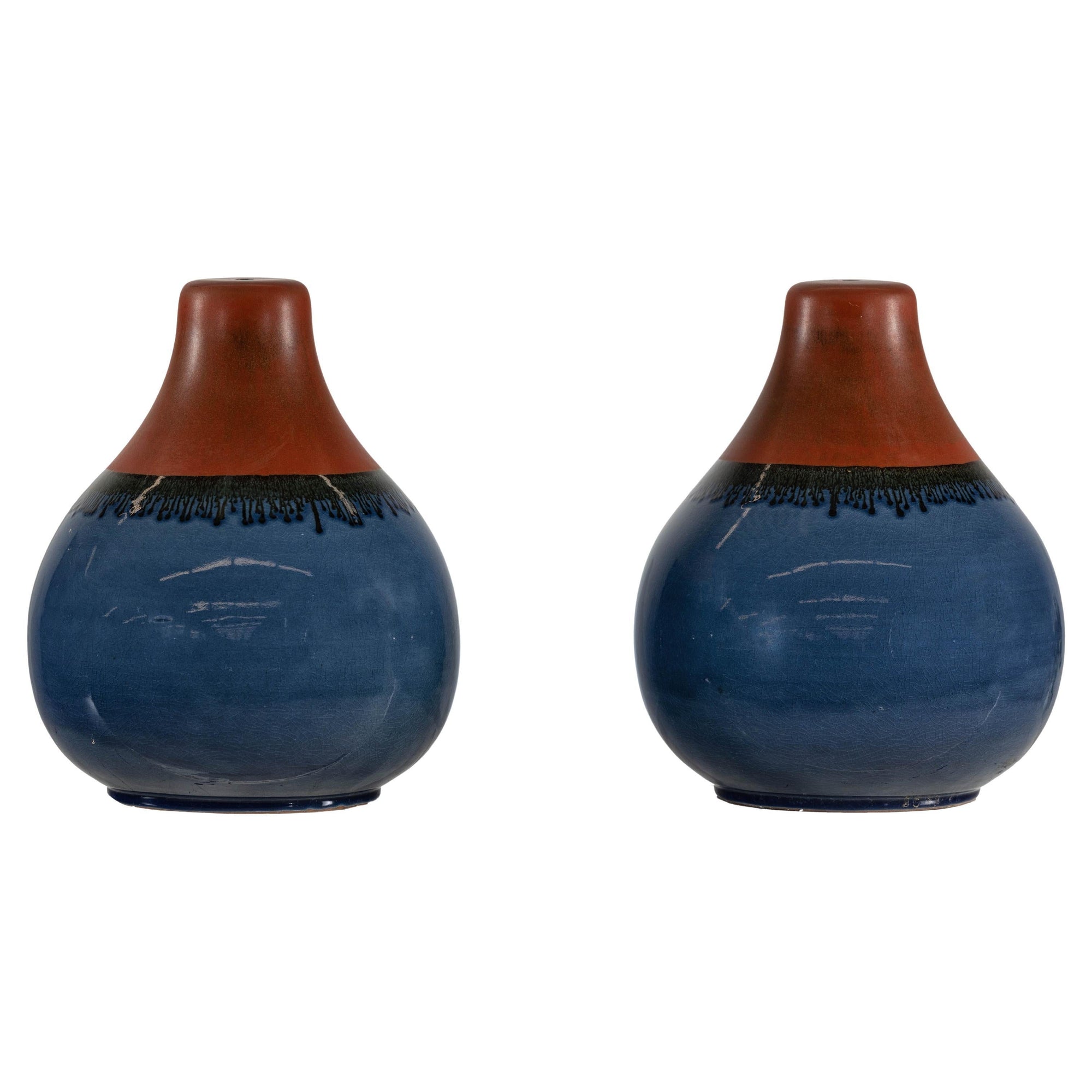 Pair of Artisan Ceramic Vases in Midnight Blue, Pre-Drilled for Lamp Conversion
