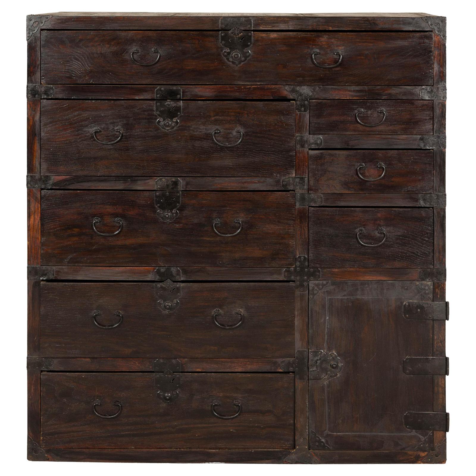 Early Meiji Keyaki Sendai Isho-Dansu Chest with Iron Hardware and Storage