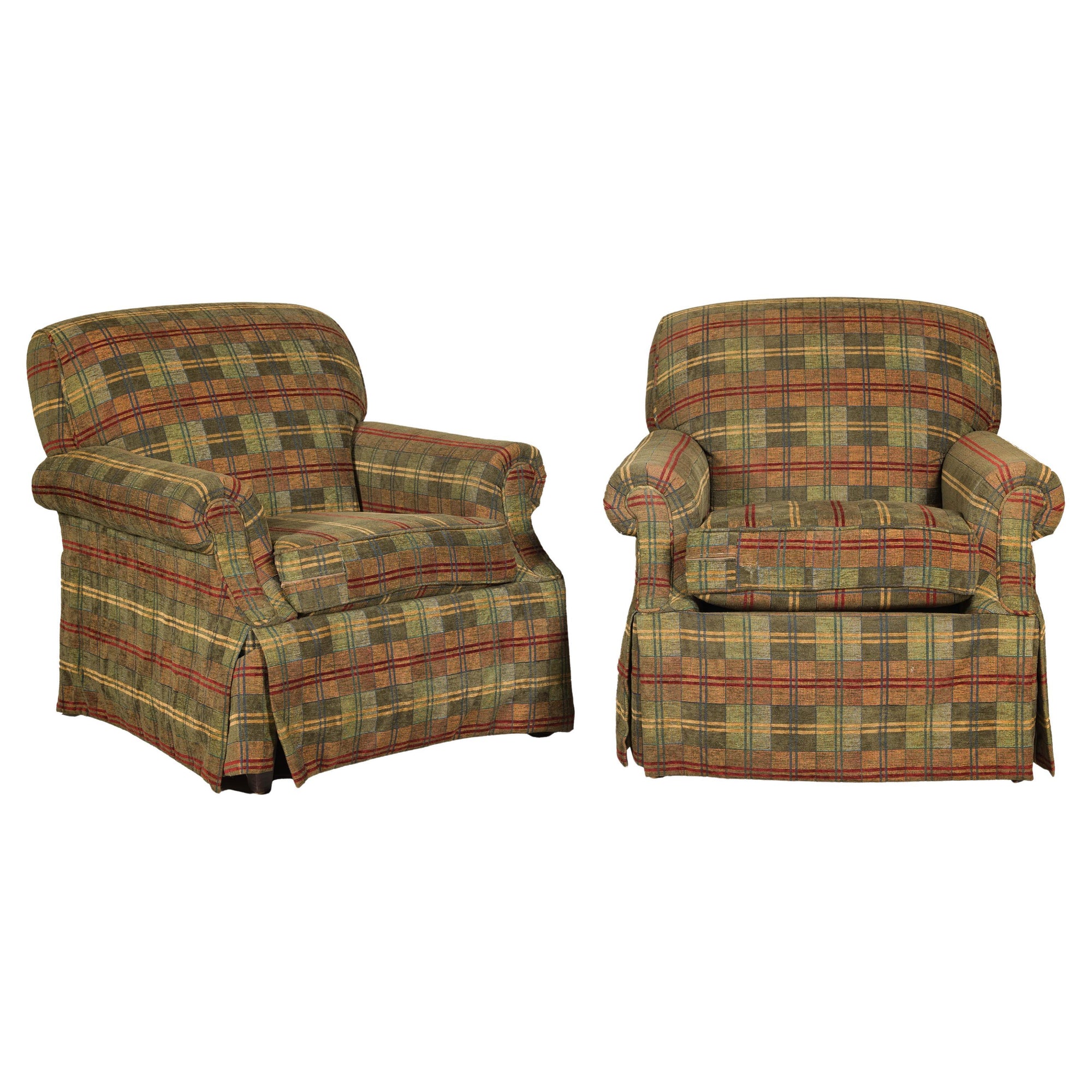 Pair of Kravet Plaid Upholstered Club Chairs with Skirted Base for Cozy Seating