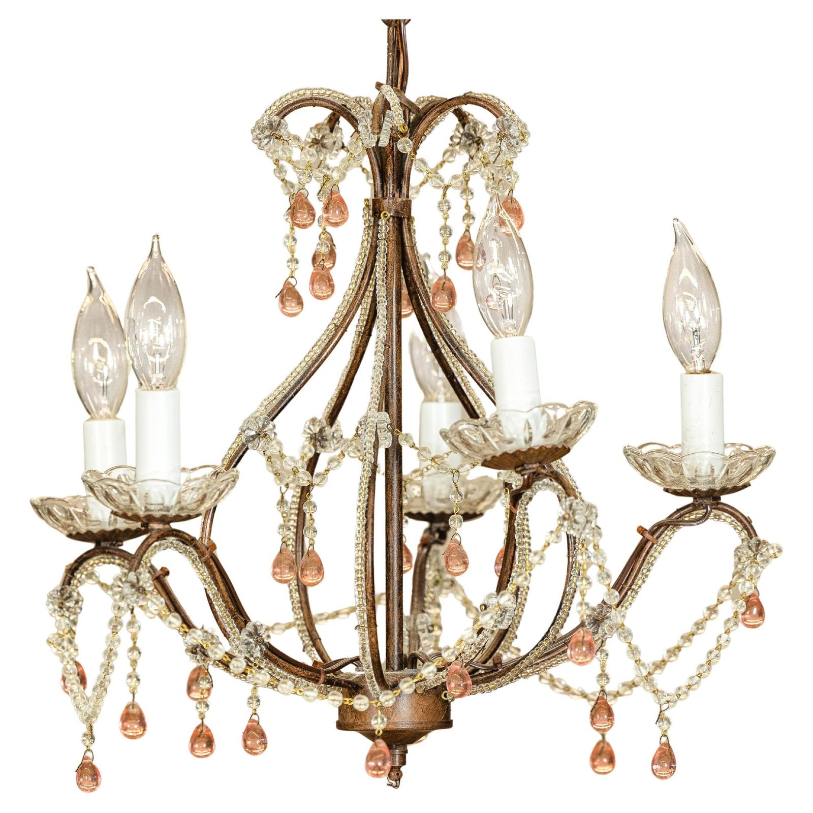 Five Lights Crystal Chandelier with Pink Glass Drops Circa 1950, Wired