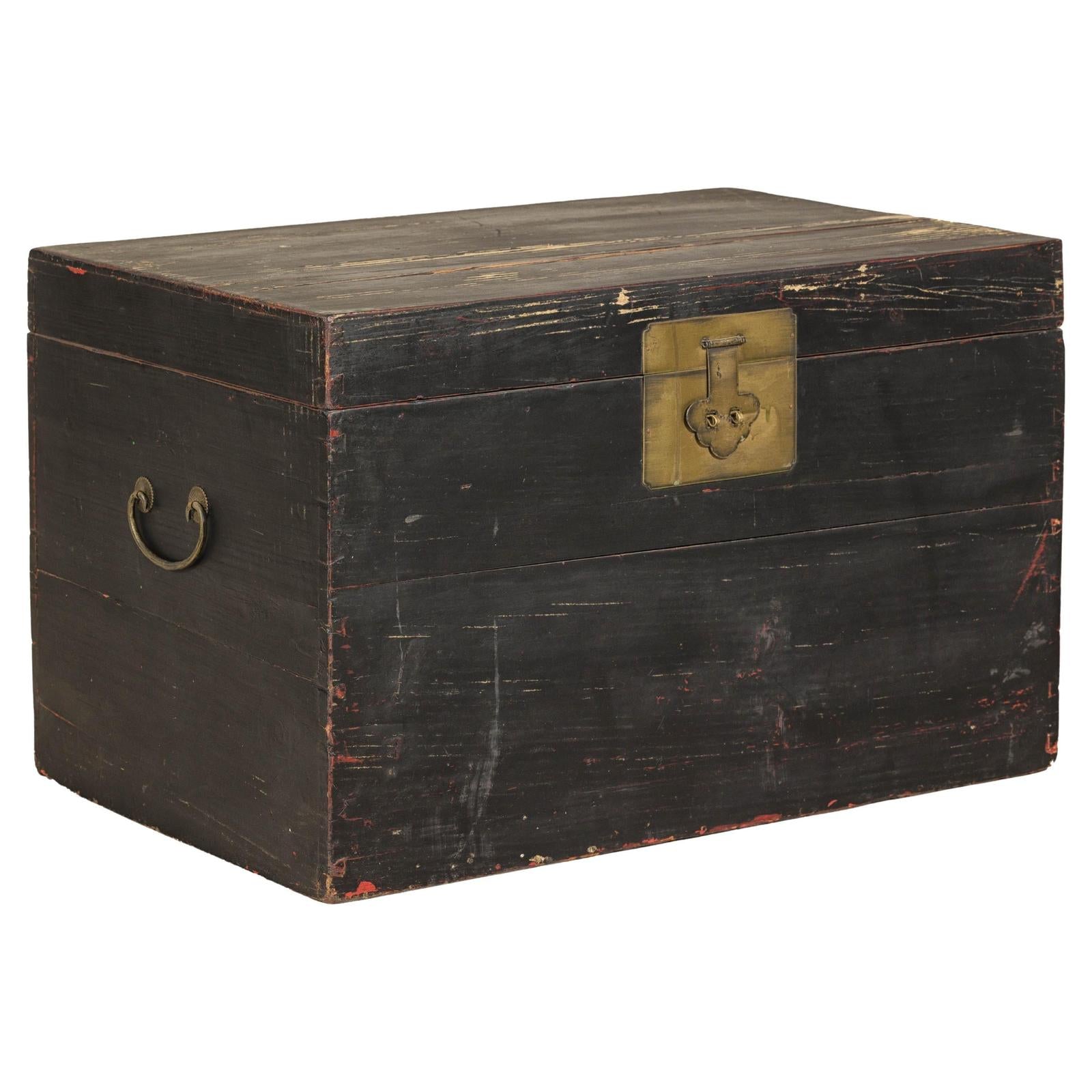 Qing Dynasty Elmwood Blanket Chest with Black Lacquer Finish and Brass Accents