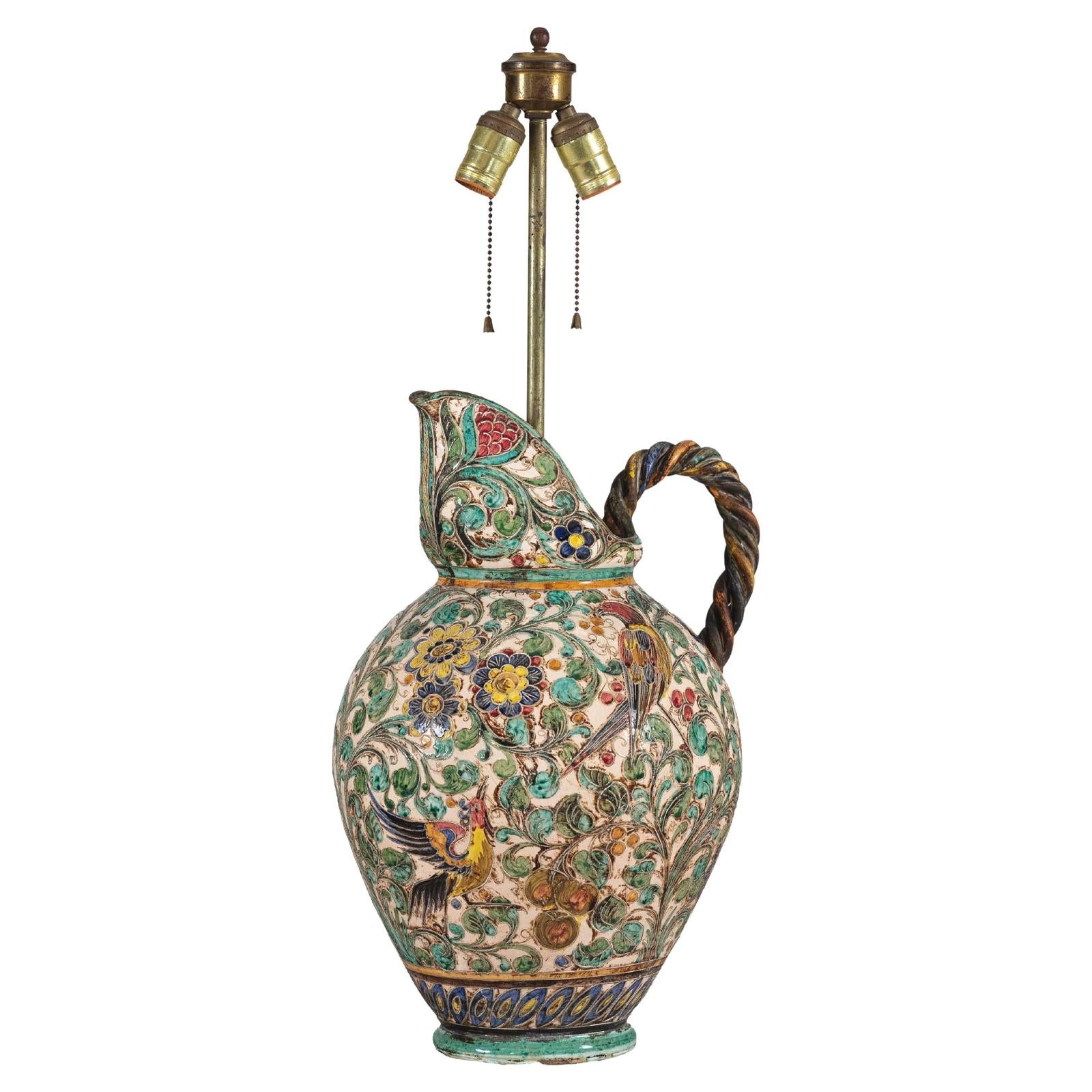 Majolica-Style Mid-Century Ceramic Table Lamp with Birds and Floral Motifs