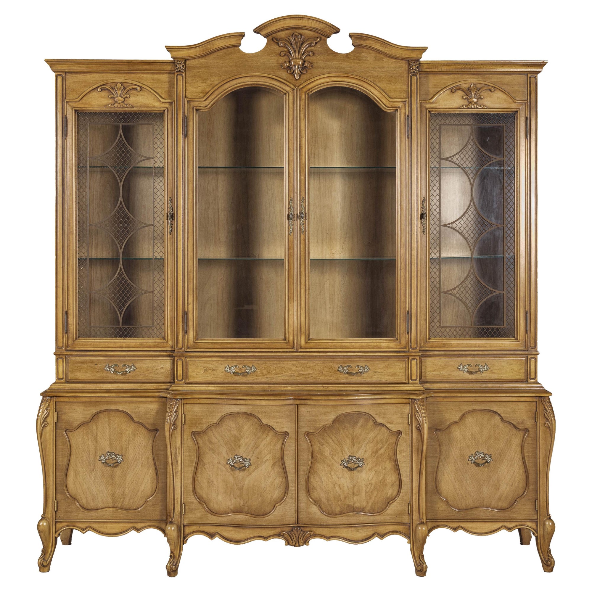 Large French Provincial Style China Cabinet in Hardwood Finish, Wired
