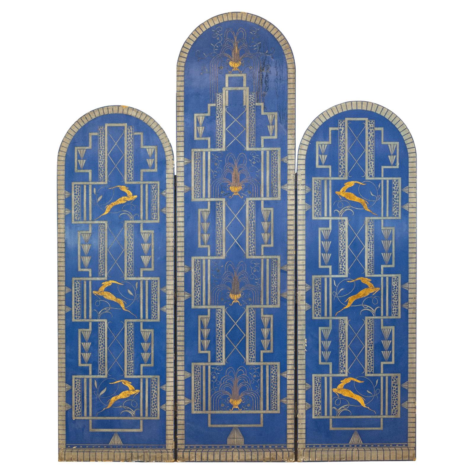 Art Deco Revival Folding Screen with Gilded Gazelles on Cobalt Blue Panels