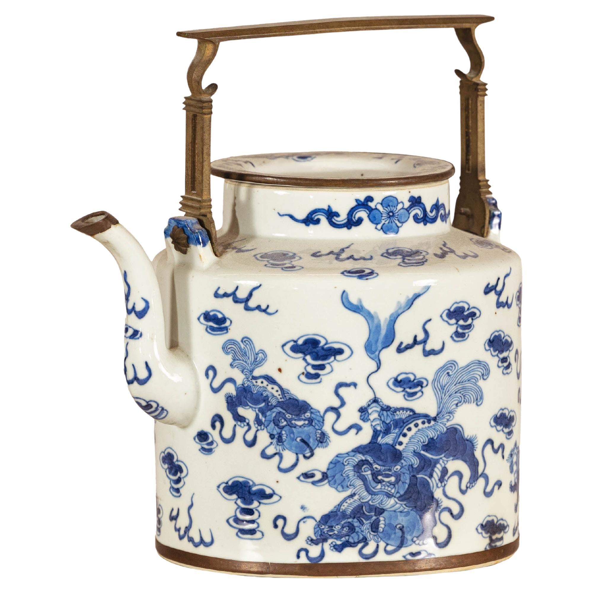 Blue and White Porcelain Teapot with Mythical Qilin and Auspicious Cloud Motifs
