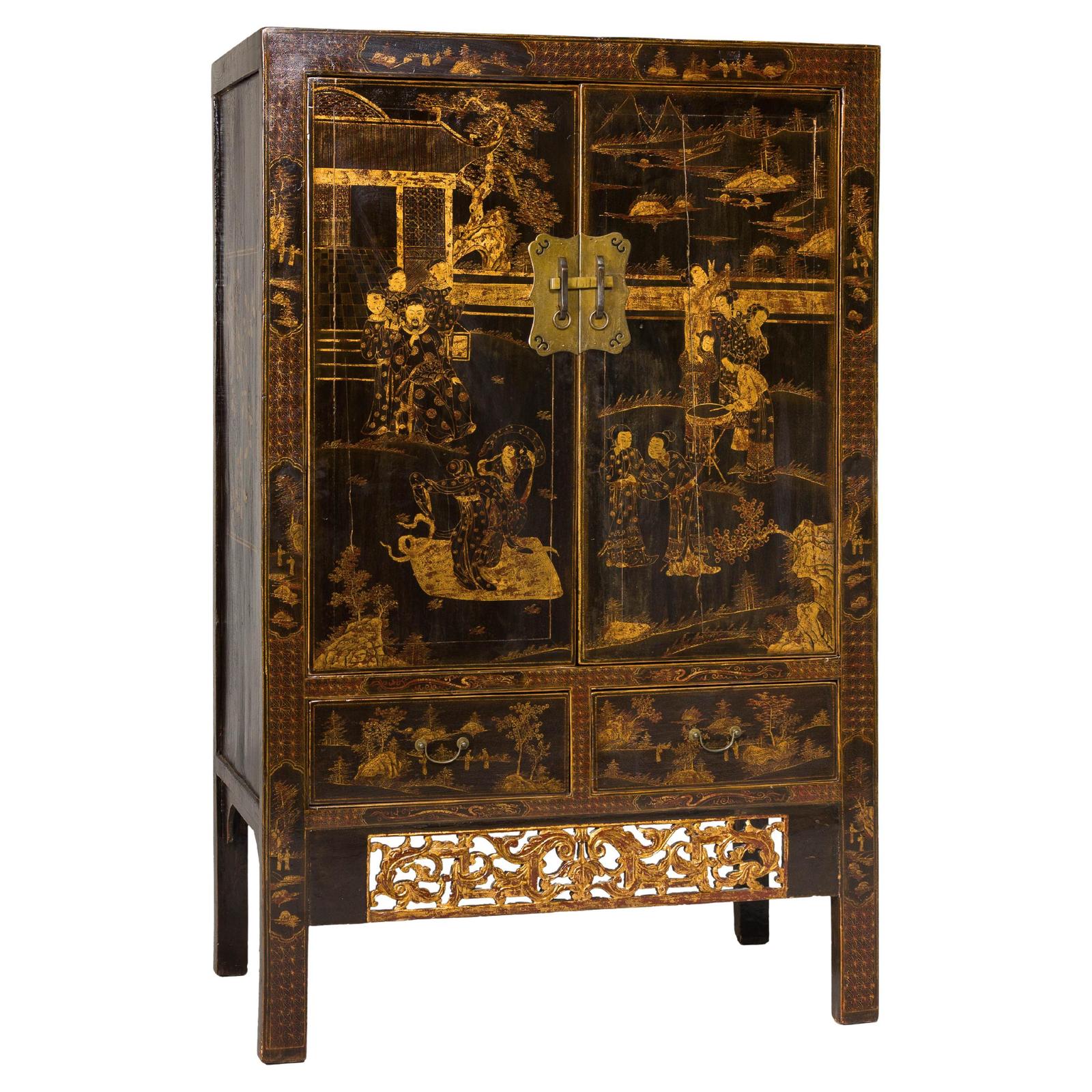 Late Qing Dynasty Black Lacquer Elm Cabinet with Gilt Motifs and Carved Apron