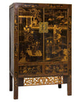 Late Qing Dynasty Black Lacquer Elm Cabinet with Gilt Motifs and Carved Apron