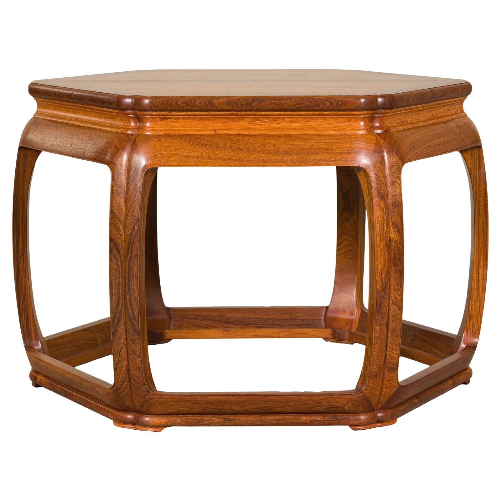 Hexagonal Elm Wood Center Table with Sculptural Open Frame Design