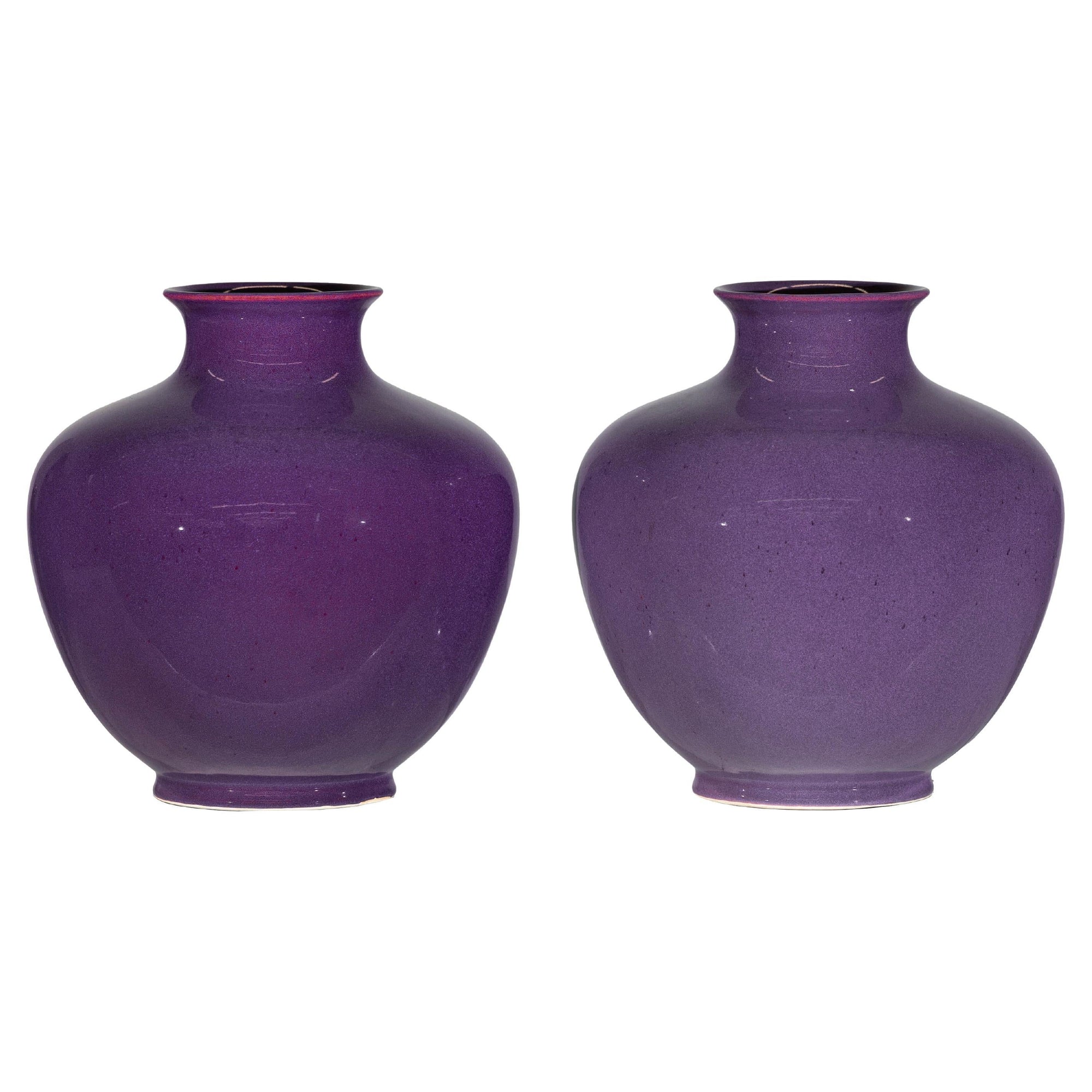 Pair of Purple Ceramic Vases with Glossy Finish and Rounded Bellies