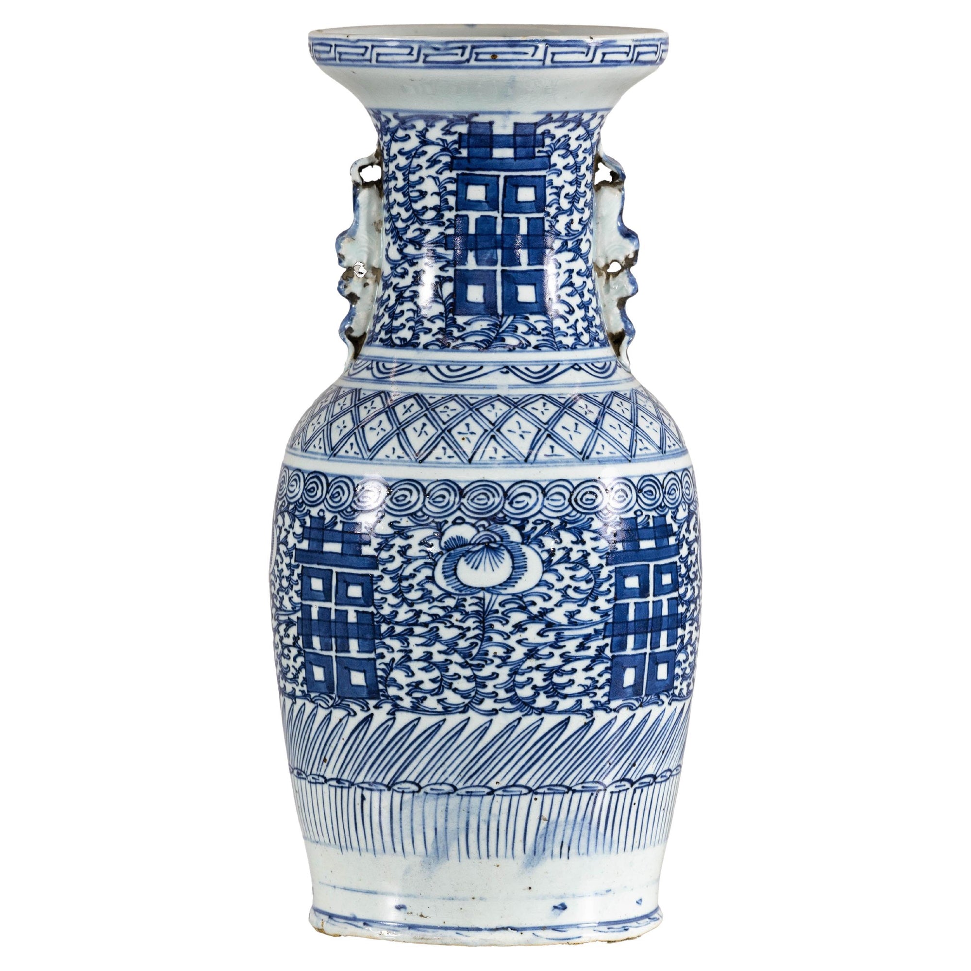 Late Qing Blue-and-White Porcelain Vase with Intricate Geometric Motifs