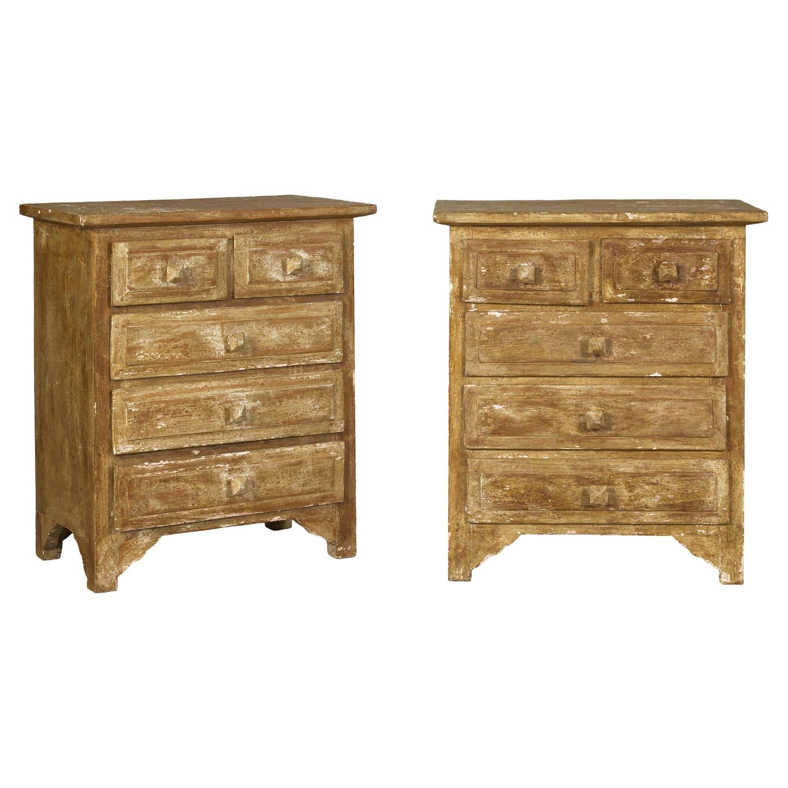 Pair of Distressed Vintage Nightstands with Subtle Brown and Green Patina