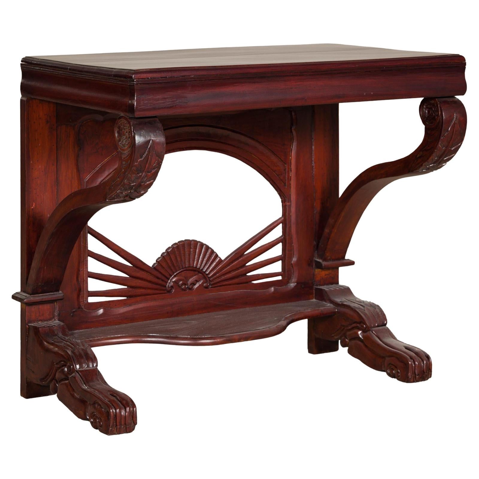 Antique Dutch Colonial Teak Pier Console Table with Carved Details and Sunburst