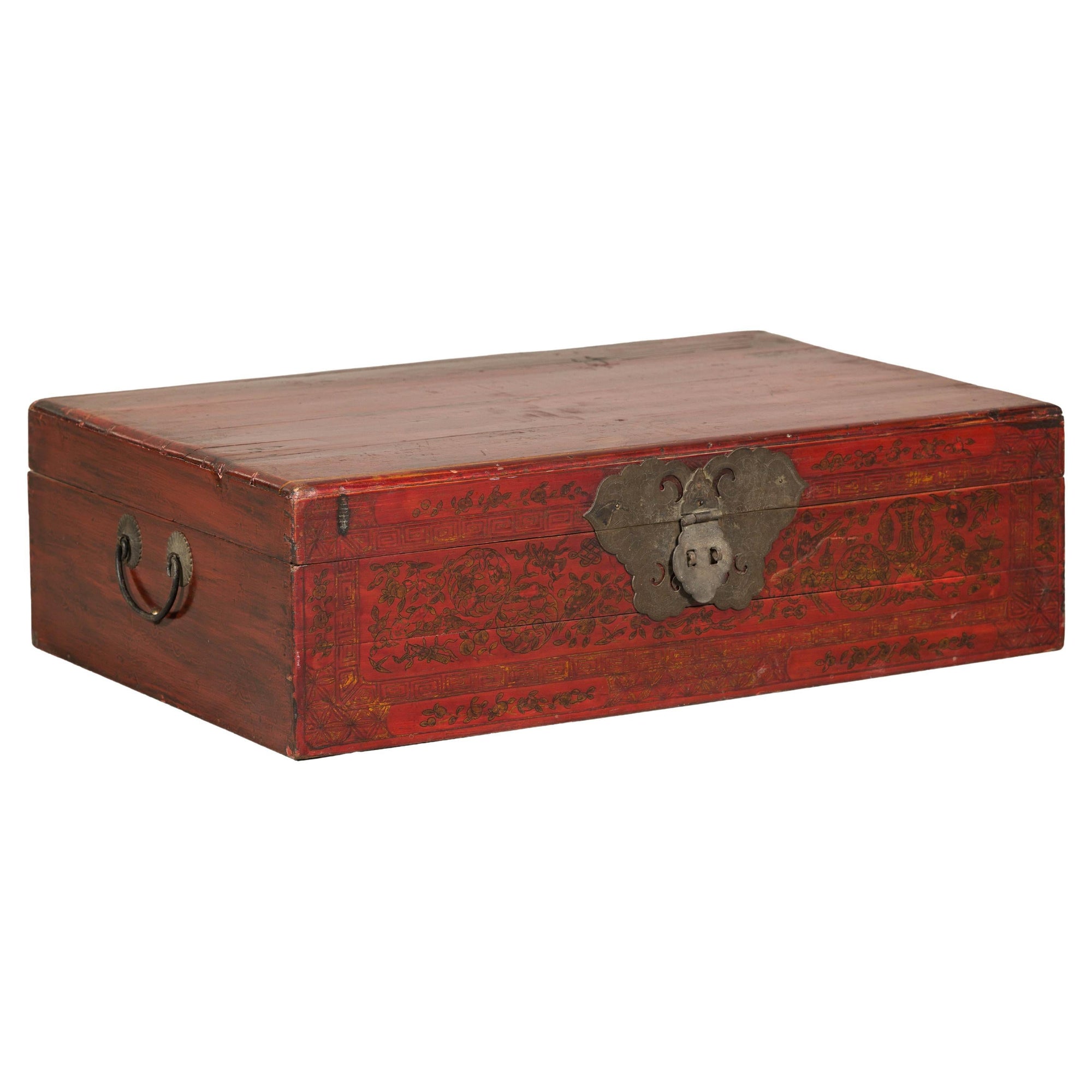 Late Qing Dynasty Red Lacquer Document Box with Gilt Floral Scrolling Motifs