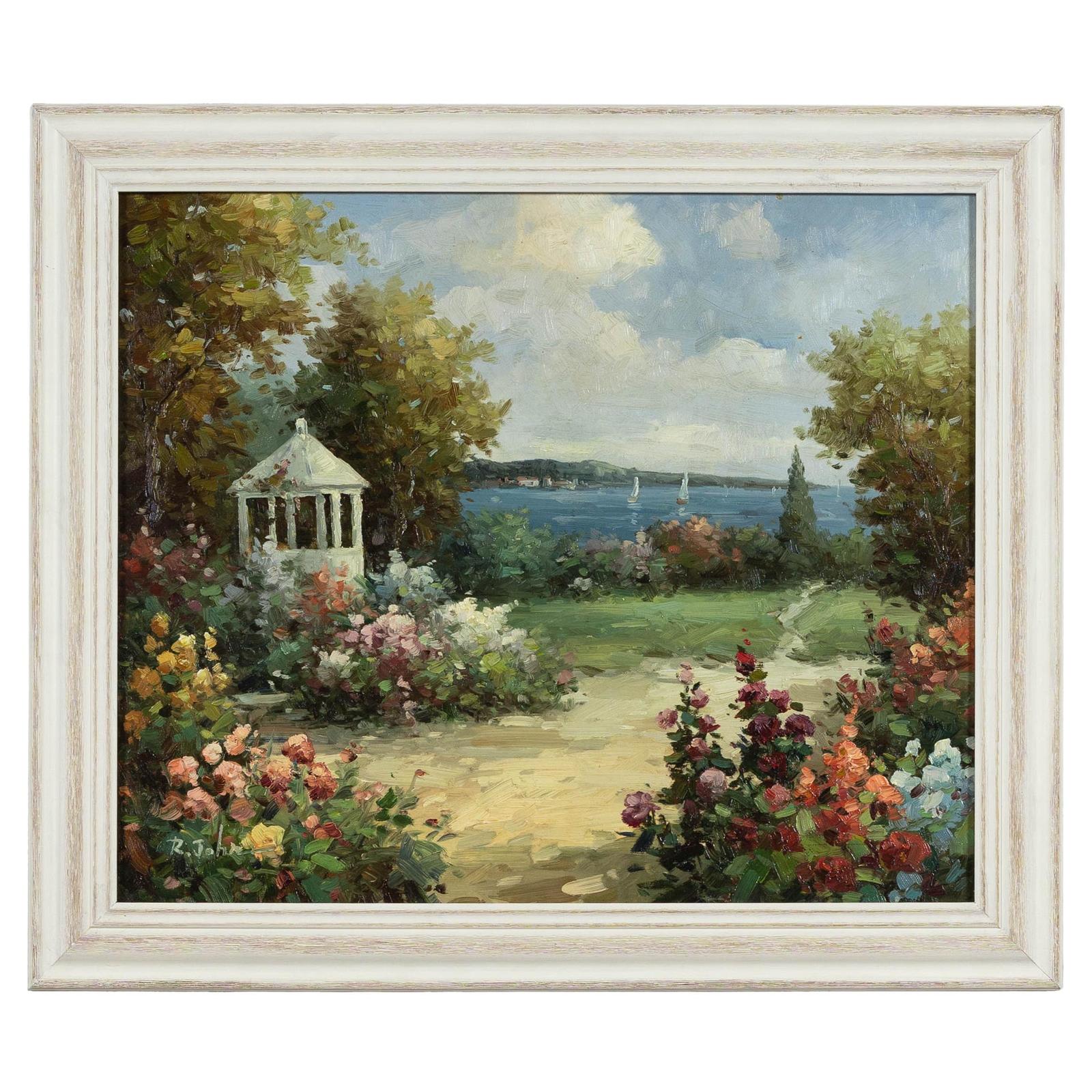 Impressionist Style Garden Painting with Gazebo and Waterfront, Signed R. Johns