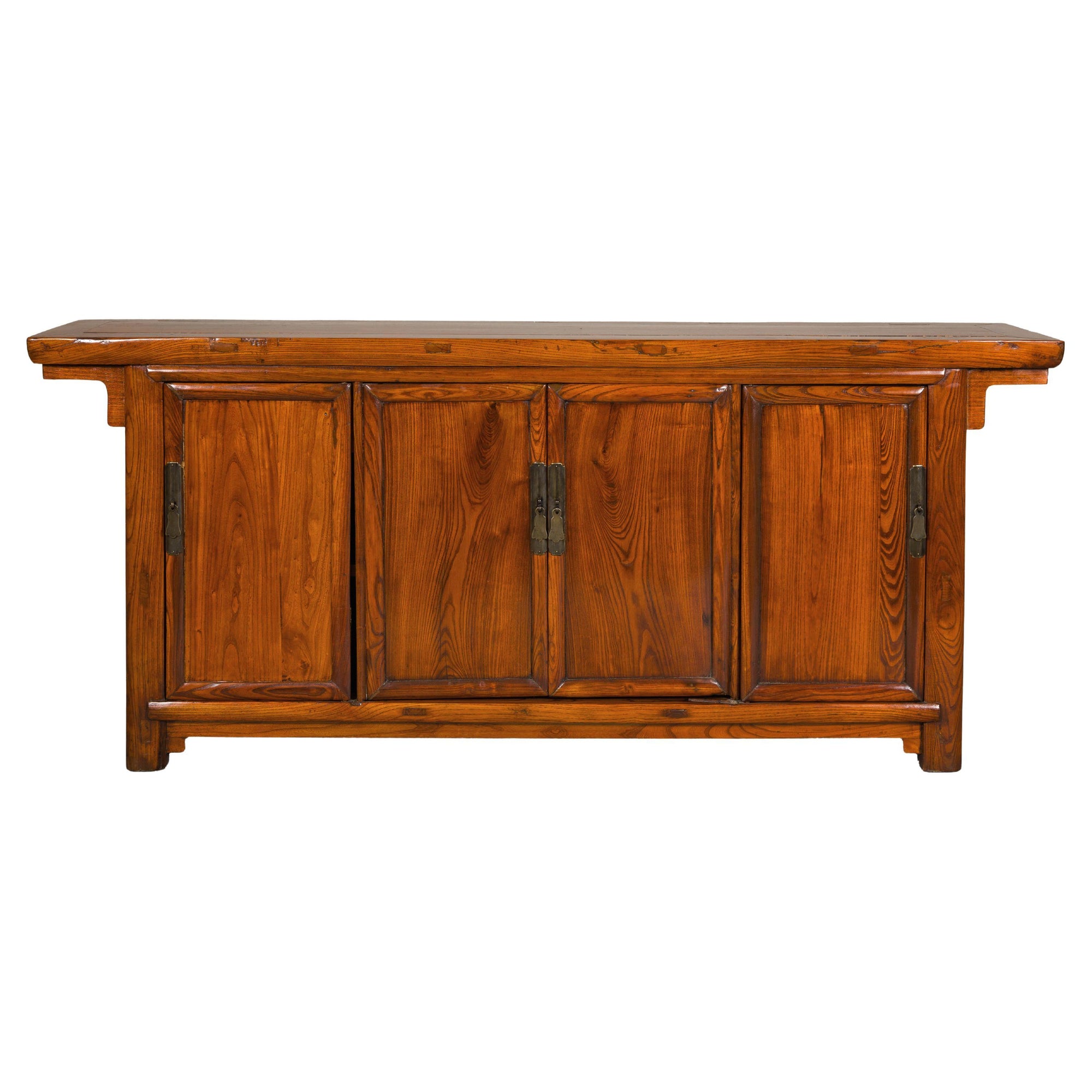 Qing Dynasty Elm Sideboard in Honey Lacquer with Four Doors and Brass Hardware