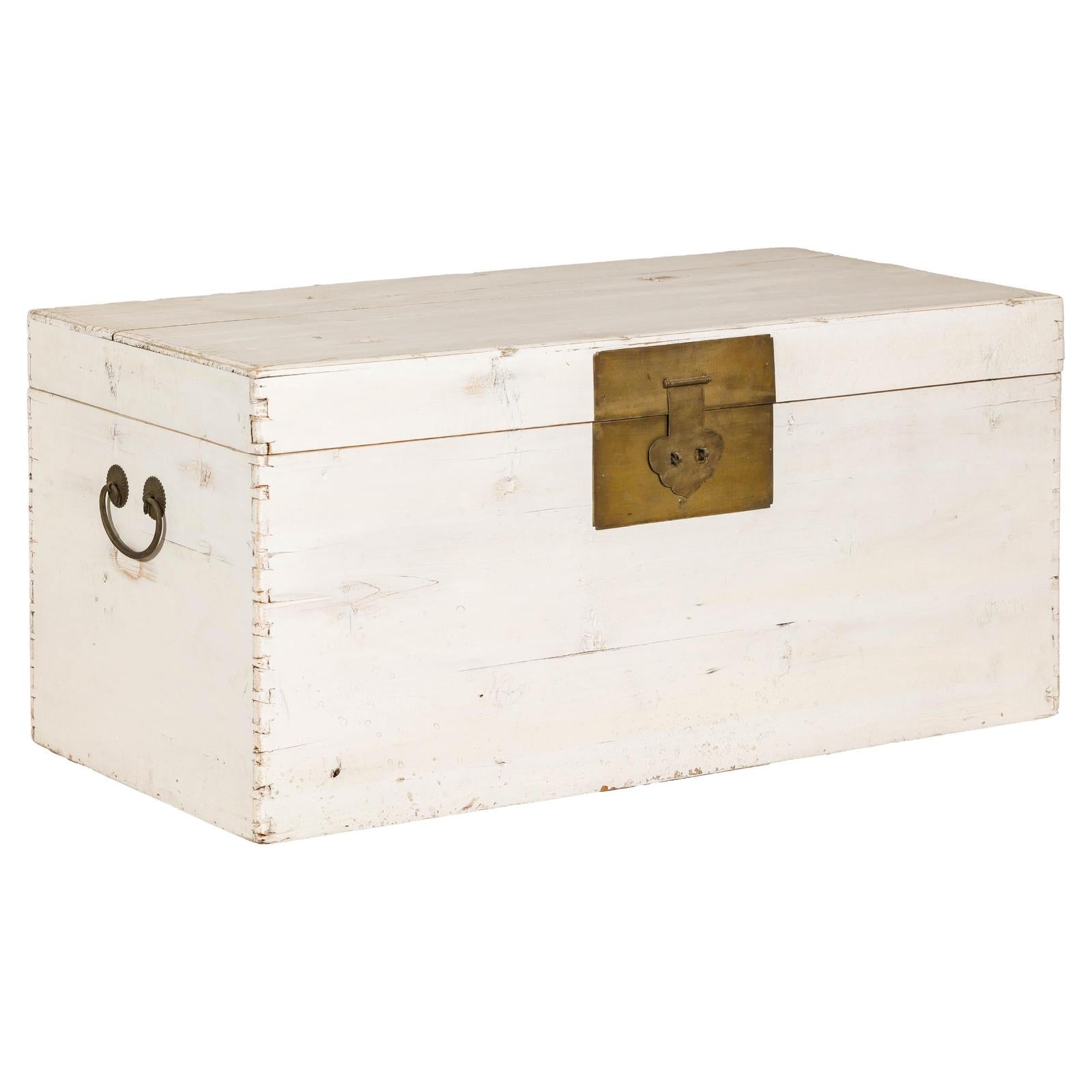 Midcentury Whitewashed Blanket Chest with Brass Hardware and Storage