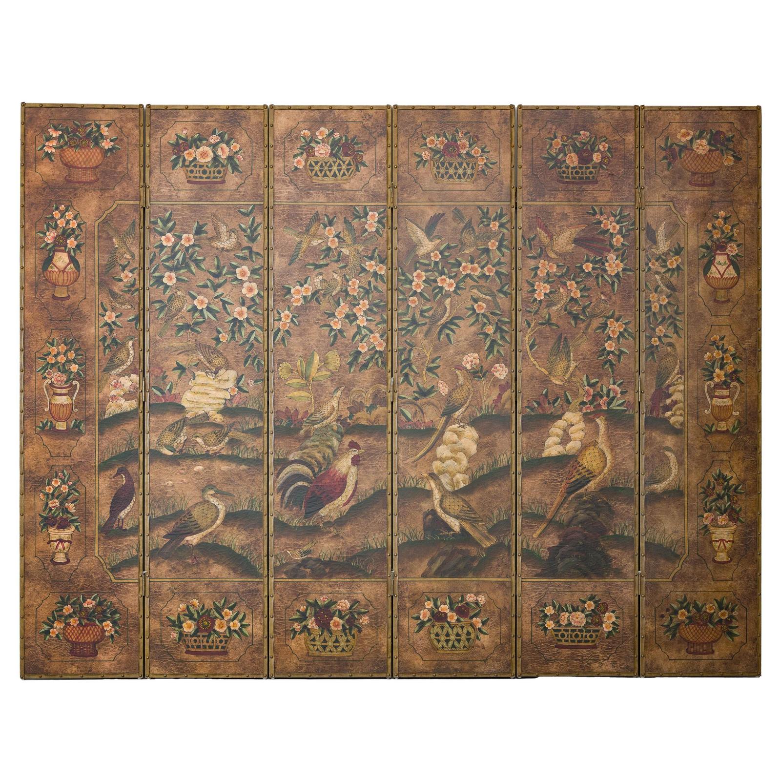 Vintage Six-Panel Leather Screen with Birds, Flowers, and Roosters