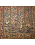 Vintage Six-Panel Leather Screen with Birds, Flowers, and Roosters