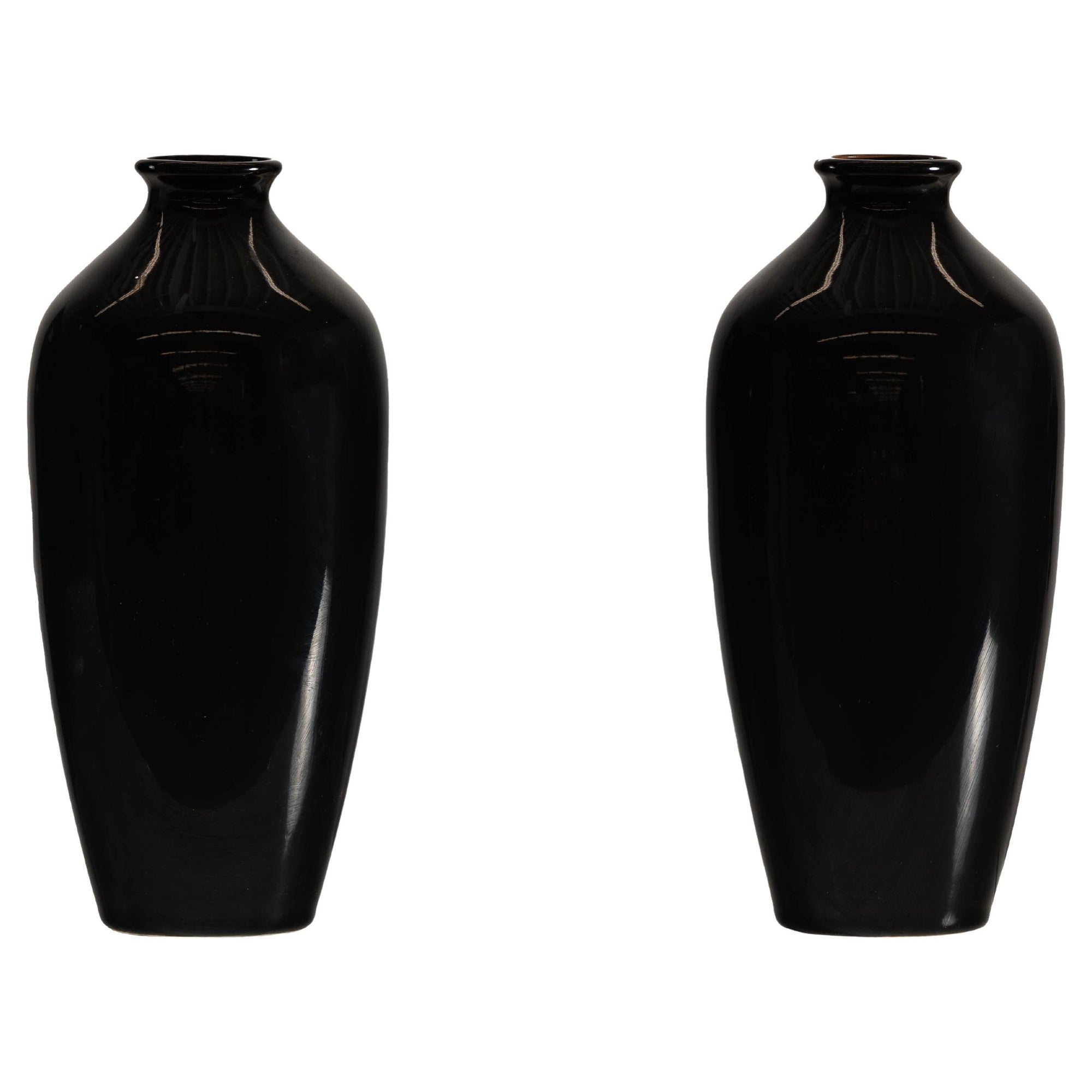 Pair of Vintage Black Porcelain Vases with Glossy Glaze and Narrow Necks
