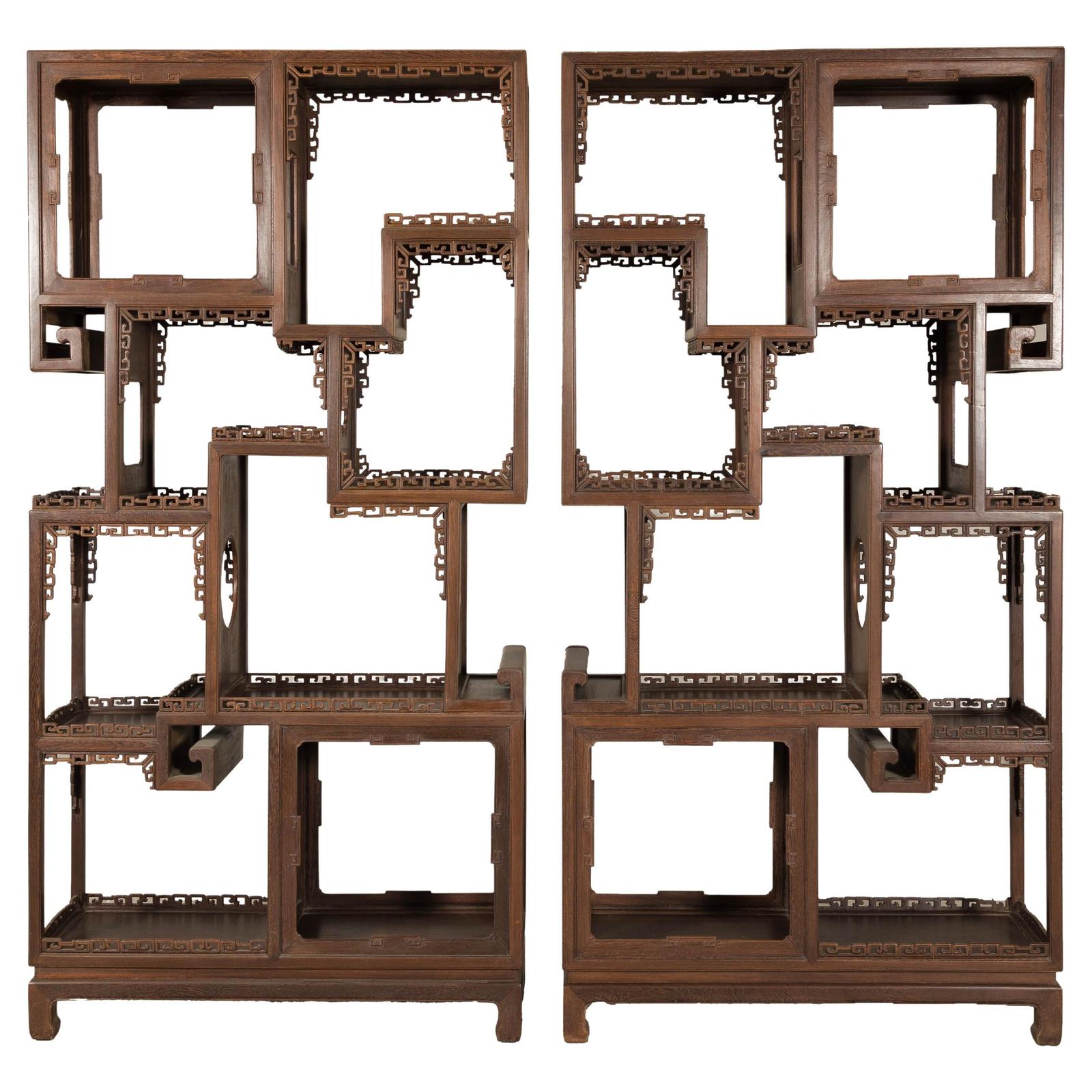 Pair of Late Qing Dynasty Brown Lacquered Display Shelves with Fretwork Motifs