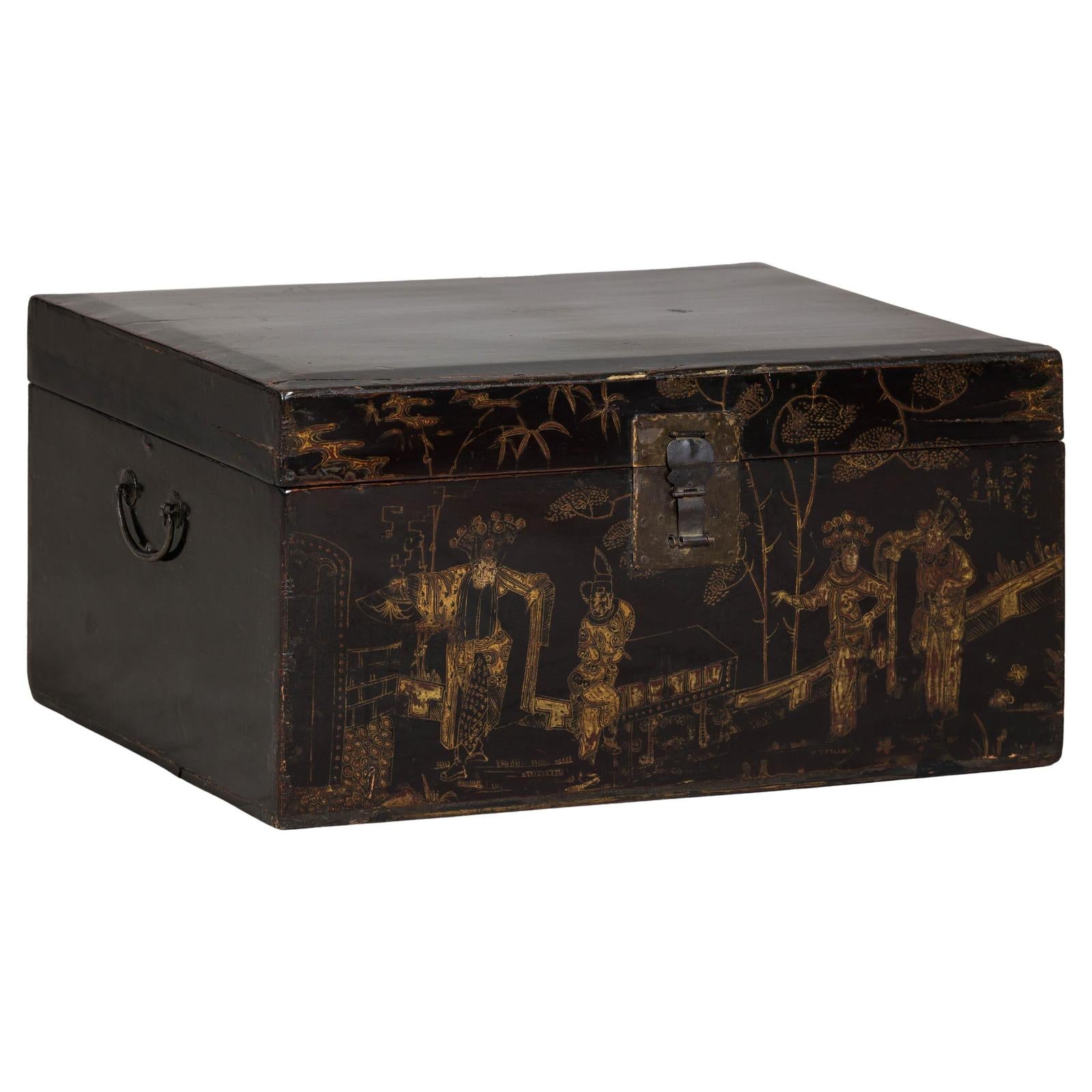 Hand-Painted Black and Gold Lacquer Trunk with Court Scene, Late Qing Dynasty