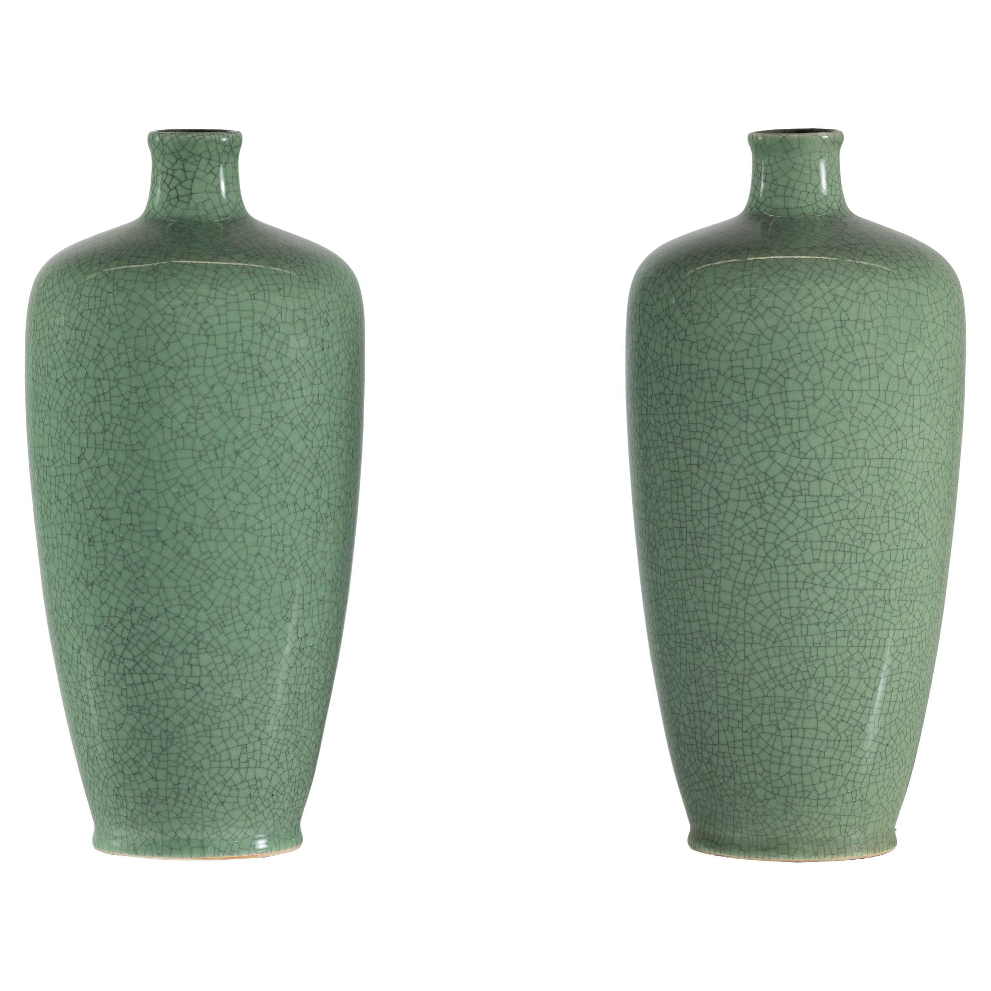 Pair of Vintage Celadon Porcelain Vases with Elegant Crackled Glaze