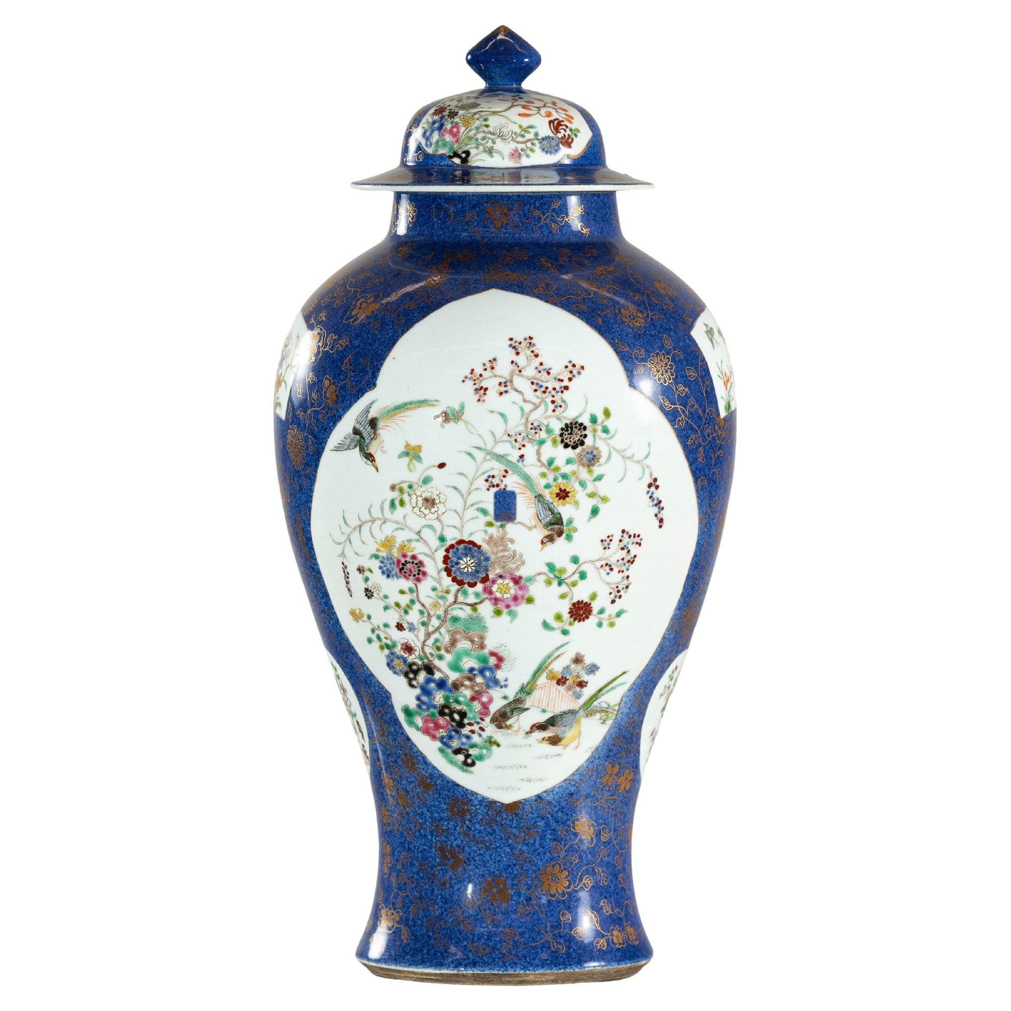 Vintage Hand-Painted Cobalt Blue Ginger Jar with Floral and Bird Motifs
