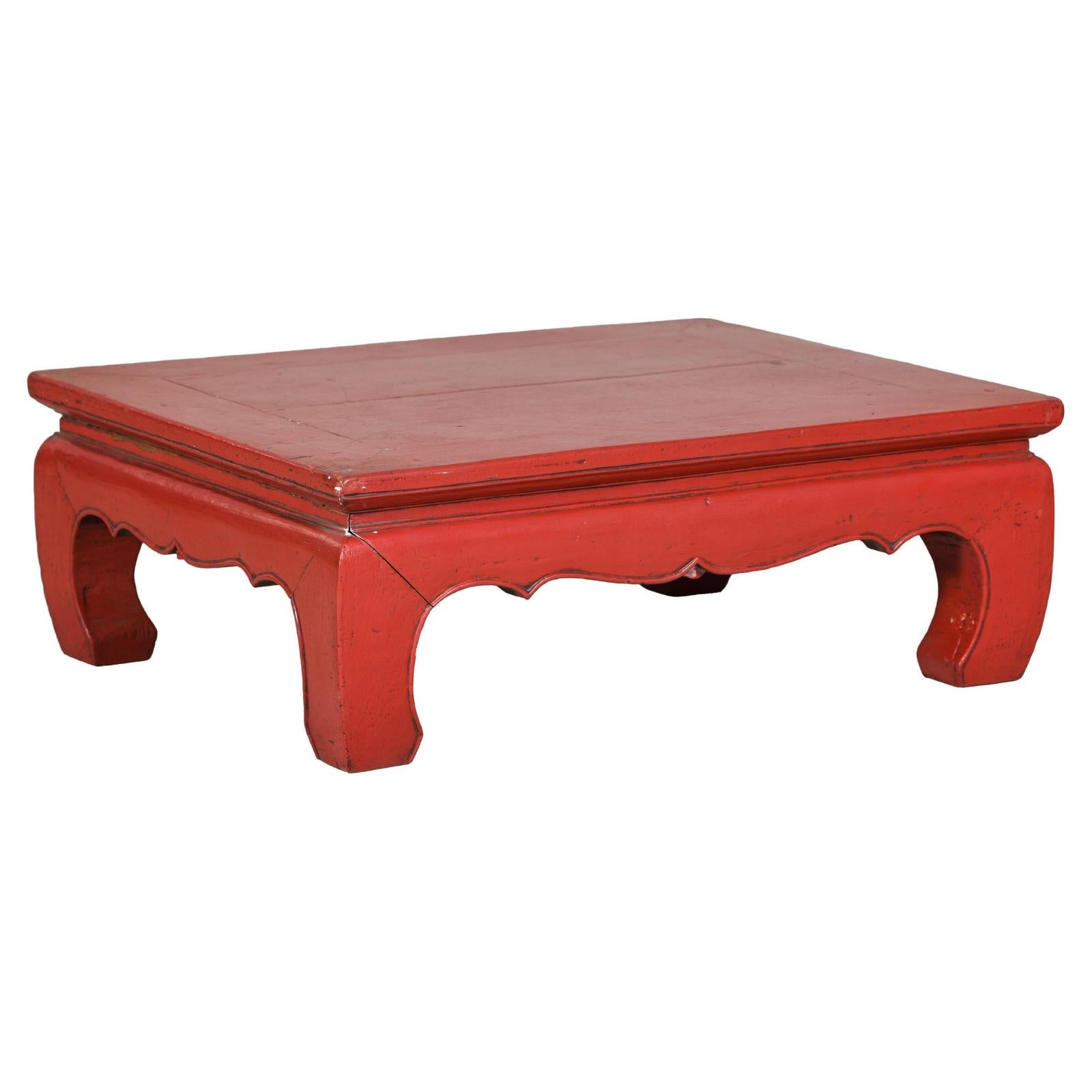 Red Lacquer Low Kang Table with Curved Legs and Scalloped Apron