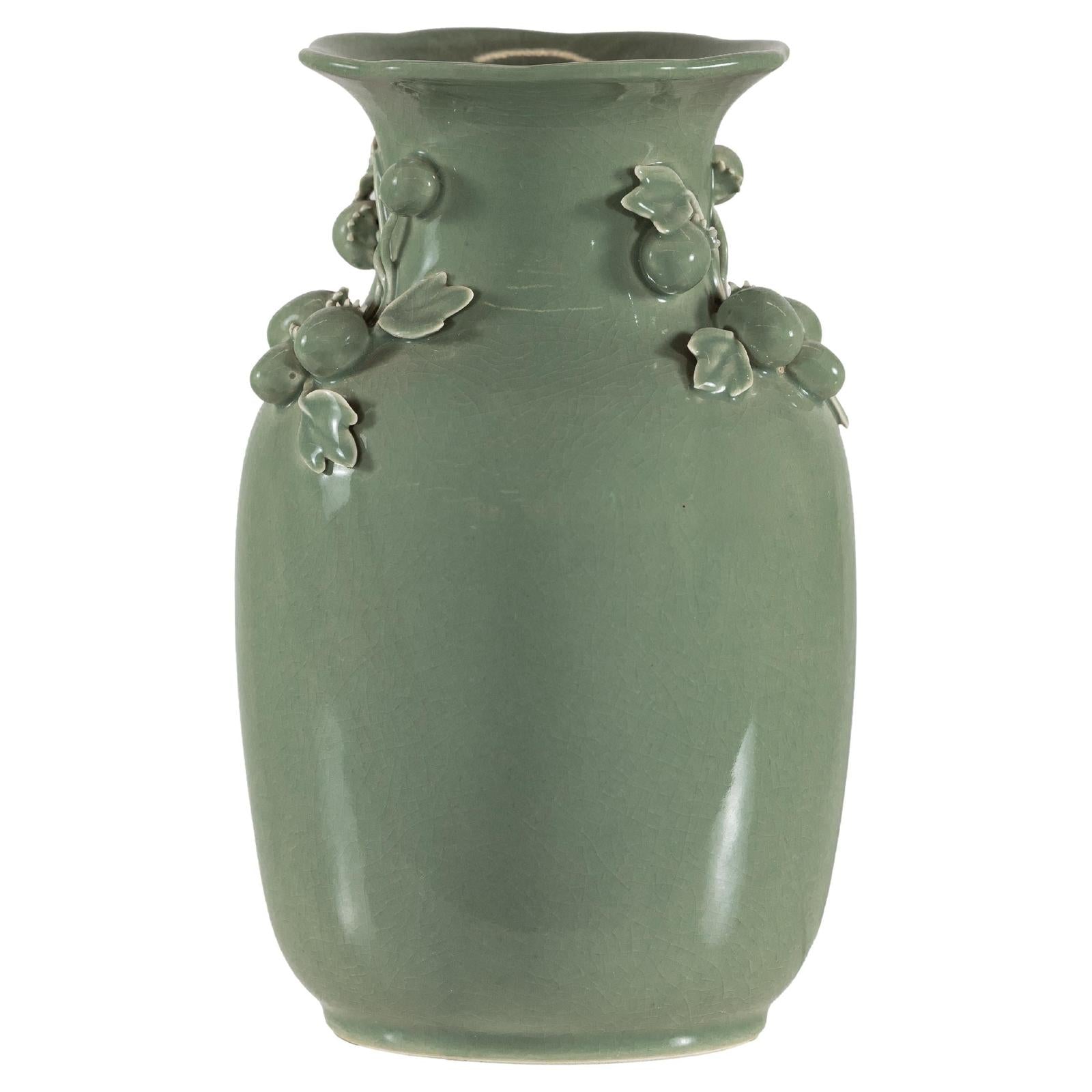 Celadon Green Glazed Ceramic Vase with Applied Fruit and Leaf Detail