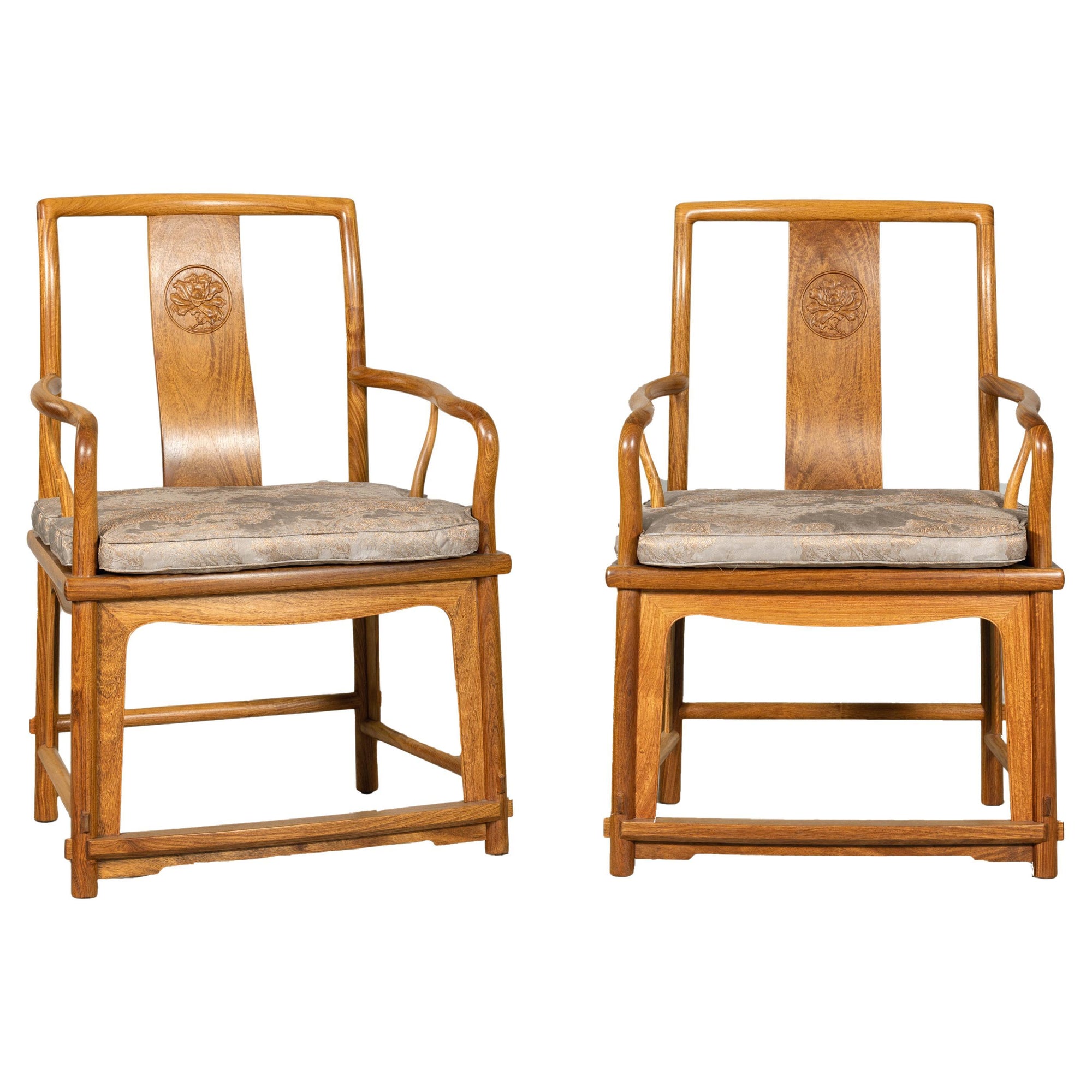 Pair of Ming-Style Hardwood Armchairs with Carved Medallion and Cushions