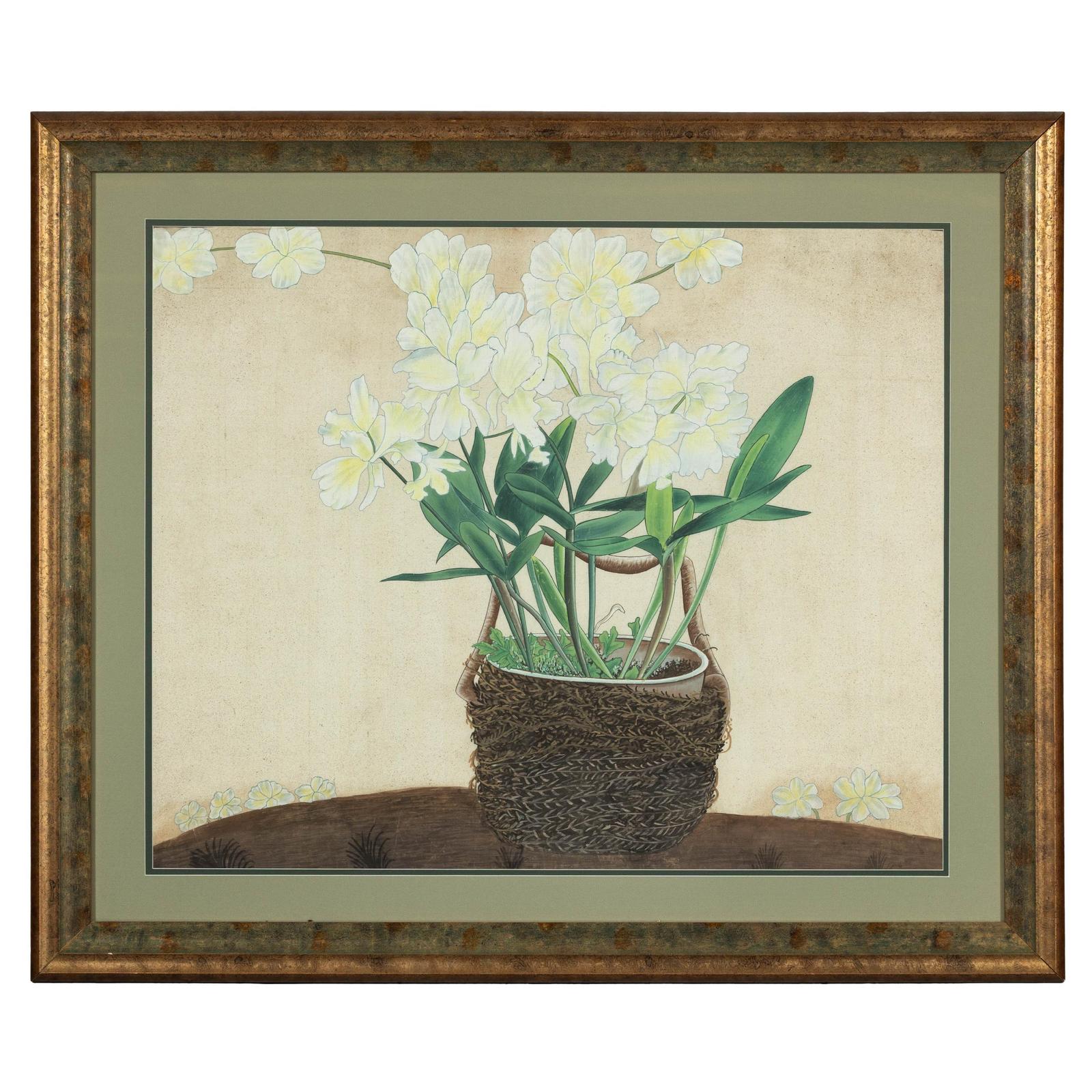 Framed Midcentury Botanical Print with Gold Leaf and Green Matte