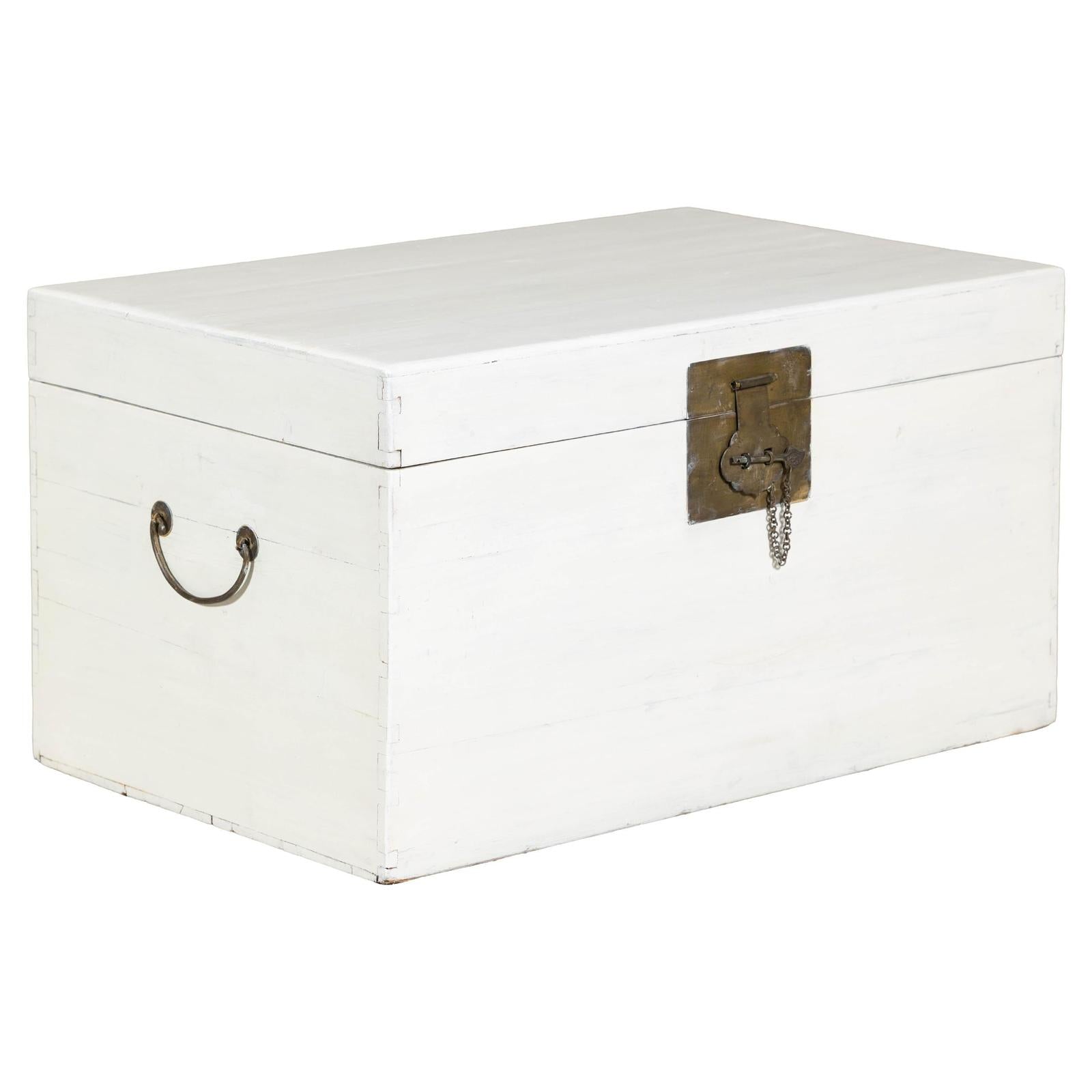 White Lacquered Trunk with Brass Hardware, Vintage Storage Chest