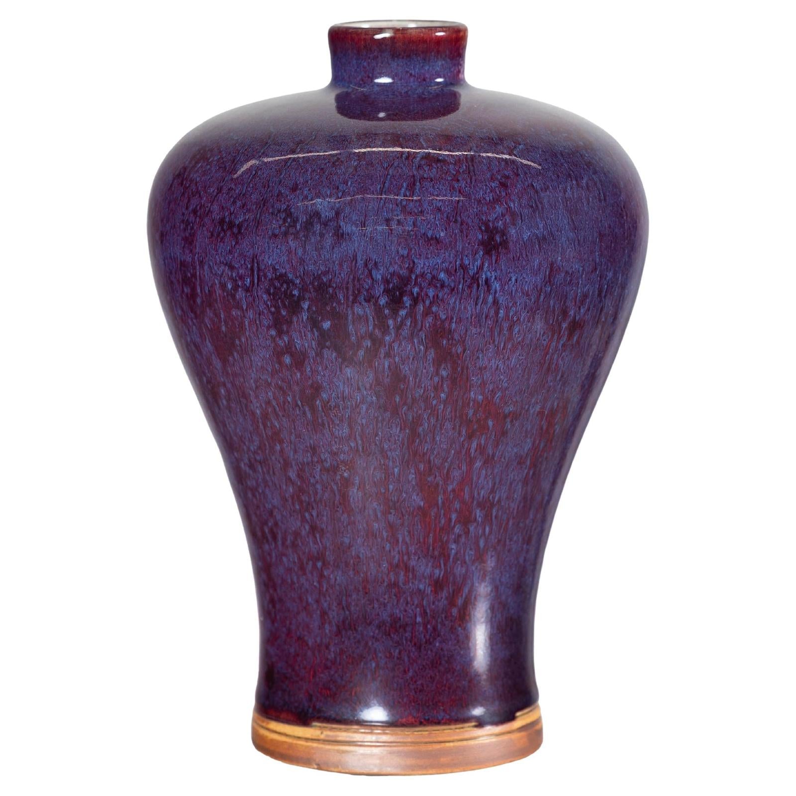Deep Purple Meiping Vase with Glossy Two-Tone Glaze and Elegant Curved Form