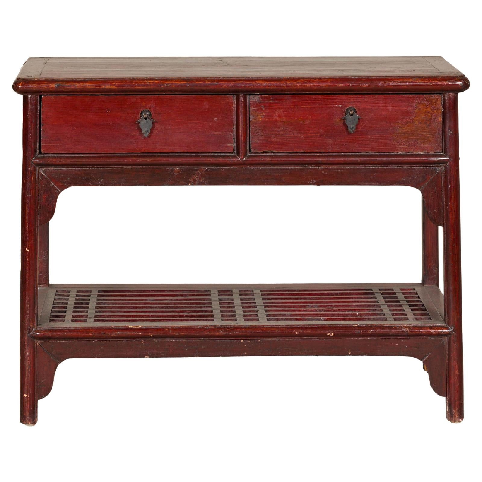 Vintage Red Lacquered Console Table with Drawers and Fretwork Shelf