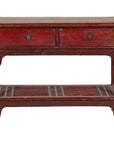 Vintage Red Lacquered Console Table with Drawers and Fretwork Shelf