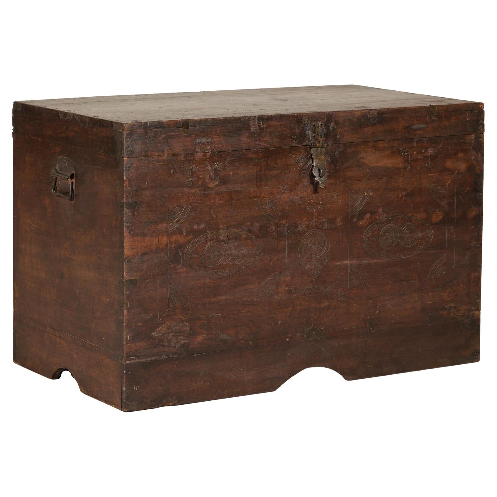 Antique Wedding Trunk with Carved Details, Mirror, and Hidden Storage