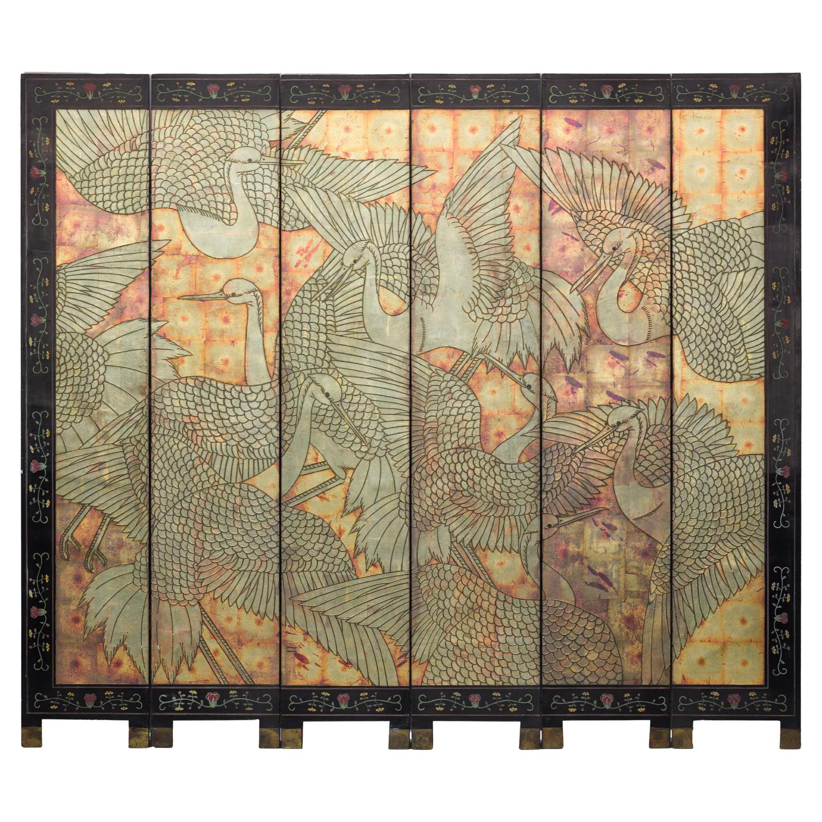 Mid-Century Coromandel Screen with Gold Cranes and Lacquered Floral Back