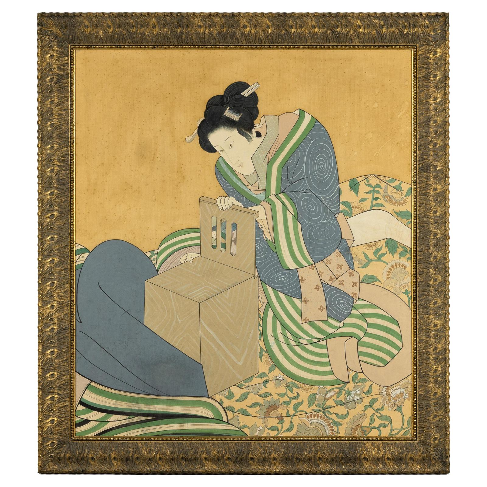 Japanese Hand-Painted Silk Artwork of a Seated Concubine in Giltwood Frame