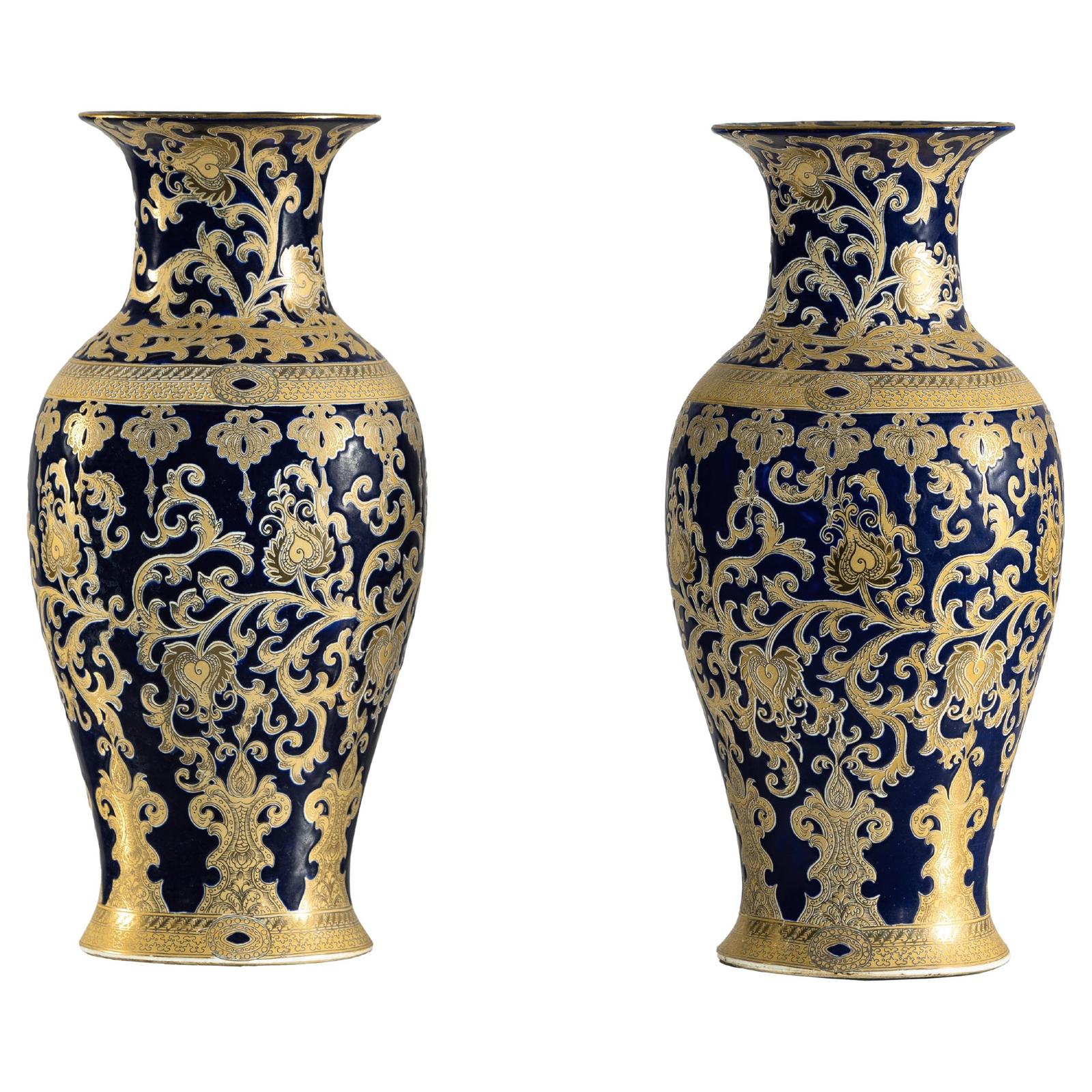 Pair of Sèvres-Inspired Cobalt Blue and Gold Porcelain Vases, Scrolling Foliage