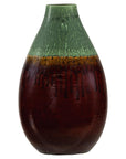 Green and Brown Glazed Ceramic Vase with Drip Effect and Rounded Silhouette