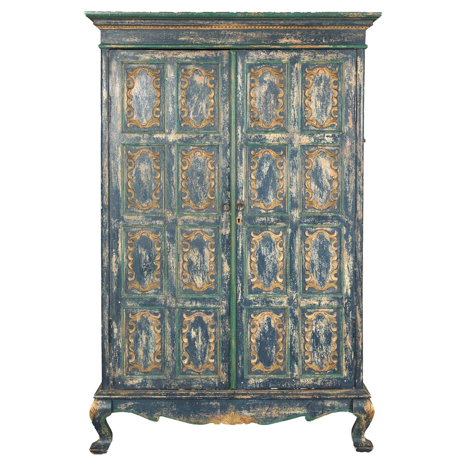 Cabinet in Blue Patina with Carved Doors and Cabriole Legs