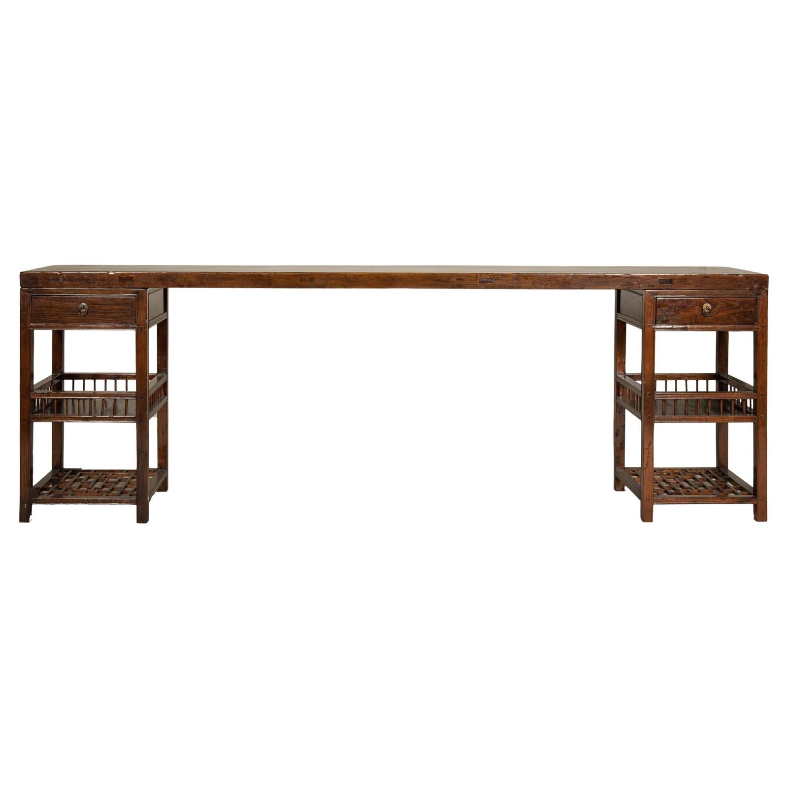 Oversized Console Table with Drawers, Fretwork Shelves and Removable Top
