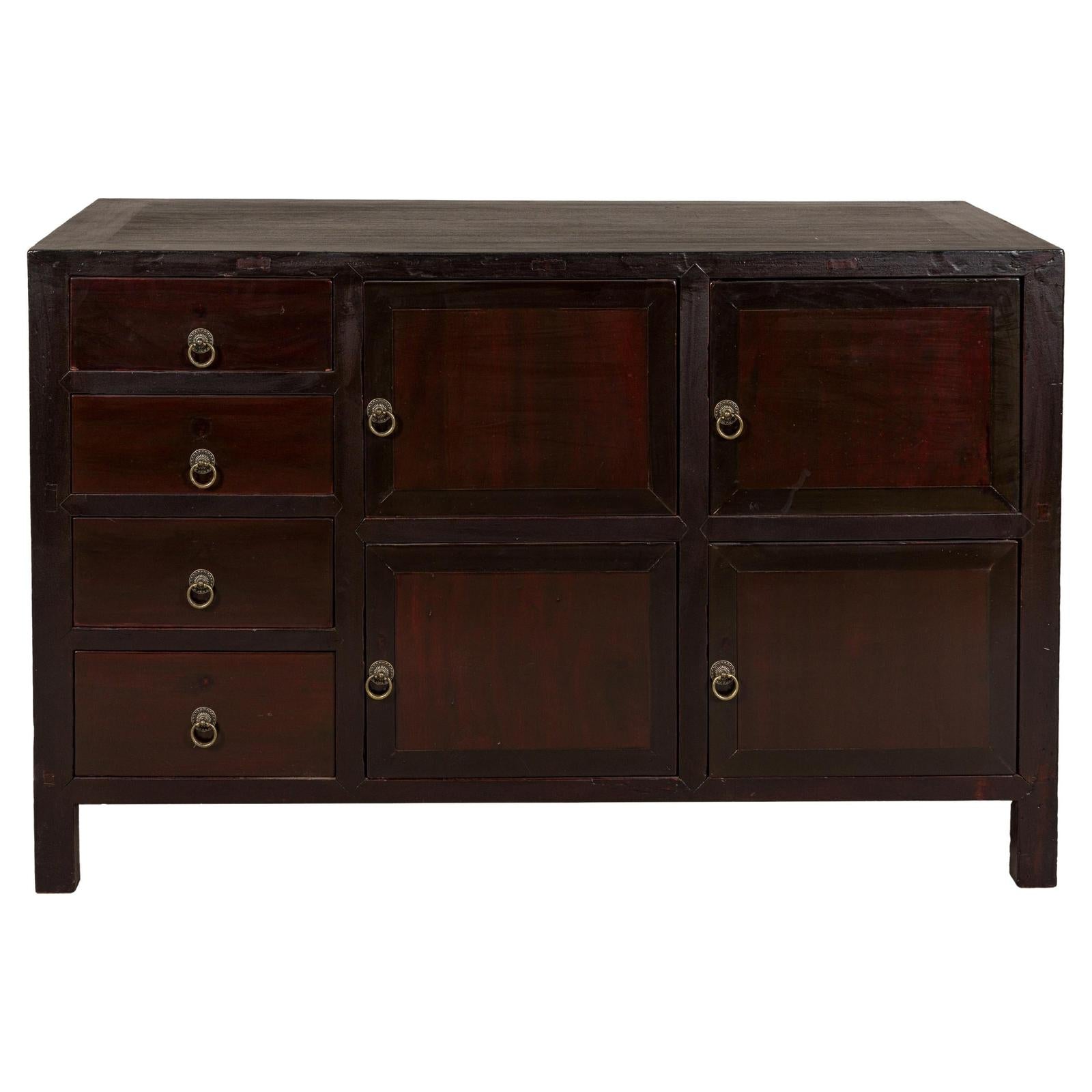Vintage Reddish Brown Lacquered Elm Sideboard with Four Drawers and Panel Doors
