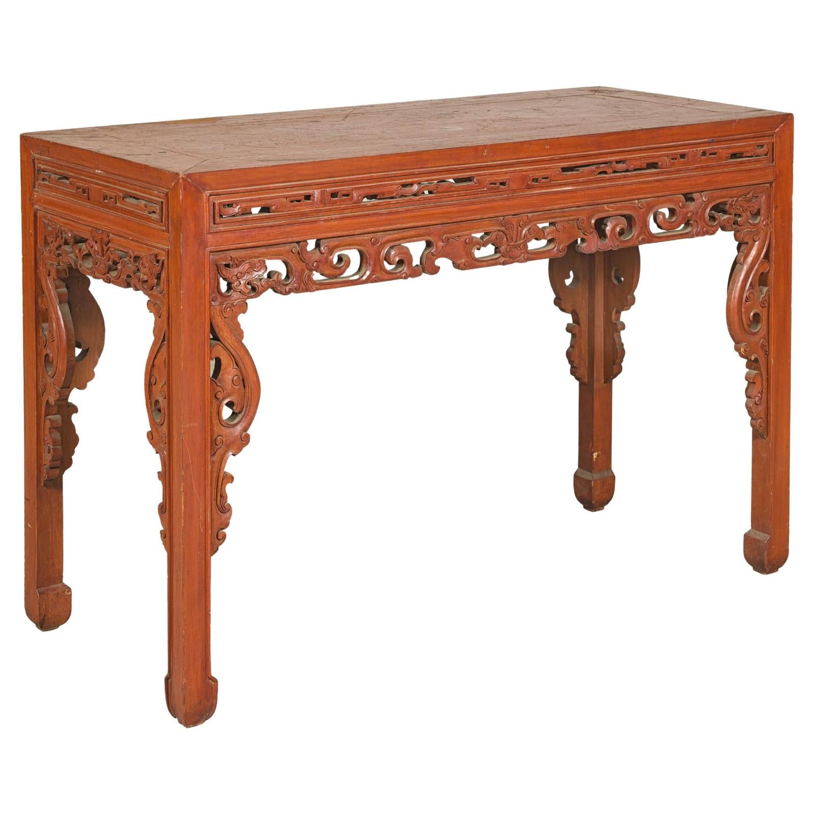 Console Table with Carved Waist in Jumu Wood, Late Qing Cinnabar Finish