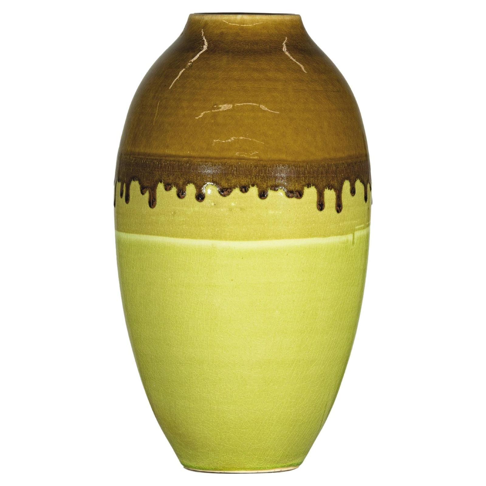 Tall Artisan Ceramic Vase in Dripped Brown and Chartreuse Glaze