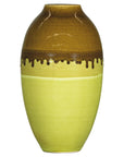Tall Artisan Ceramic Vase in Dripped Brown and Chartreuse Glaze
