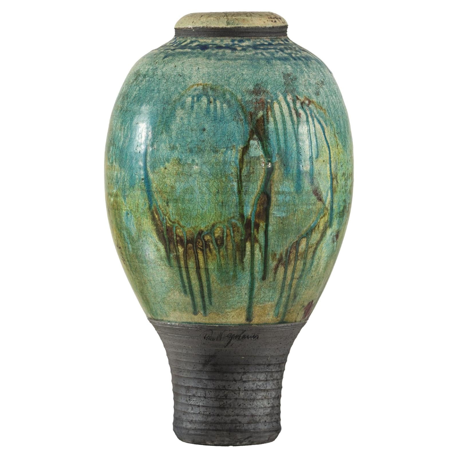 Greenish-Brown Studio Vase with Rounded Belly and Tapered Base, Signed