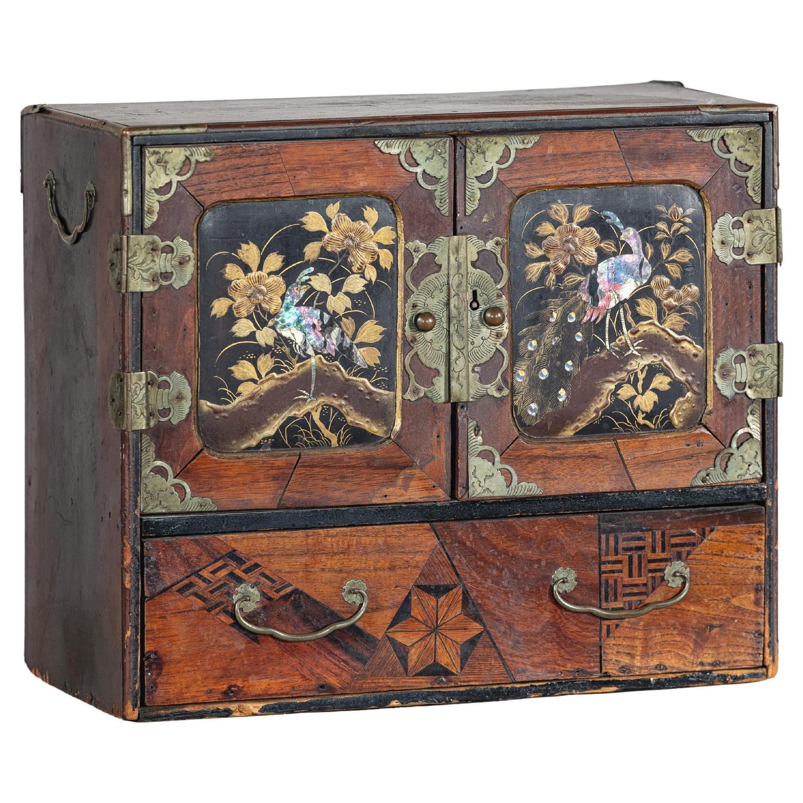 black lacquer box mop inlay koi fish Lacquer Box with Mother-of-Pearl Inlay and Parquetry Drawers