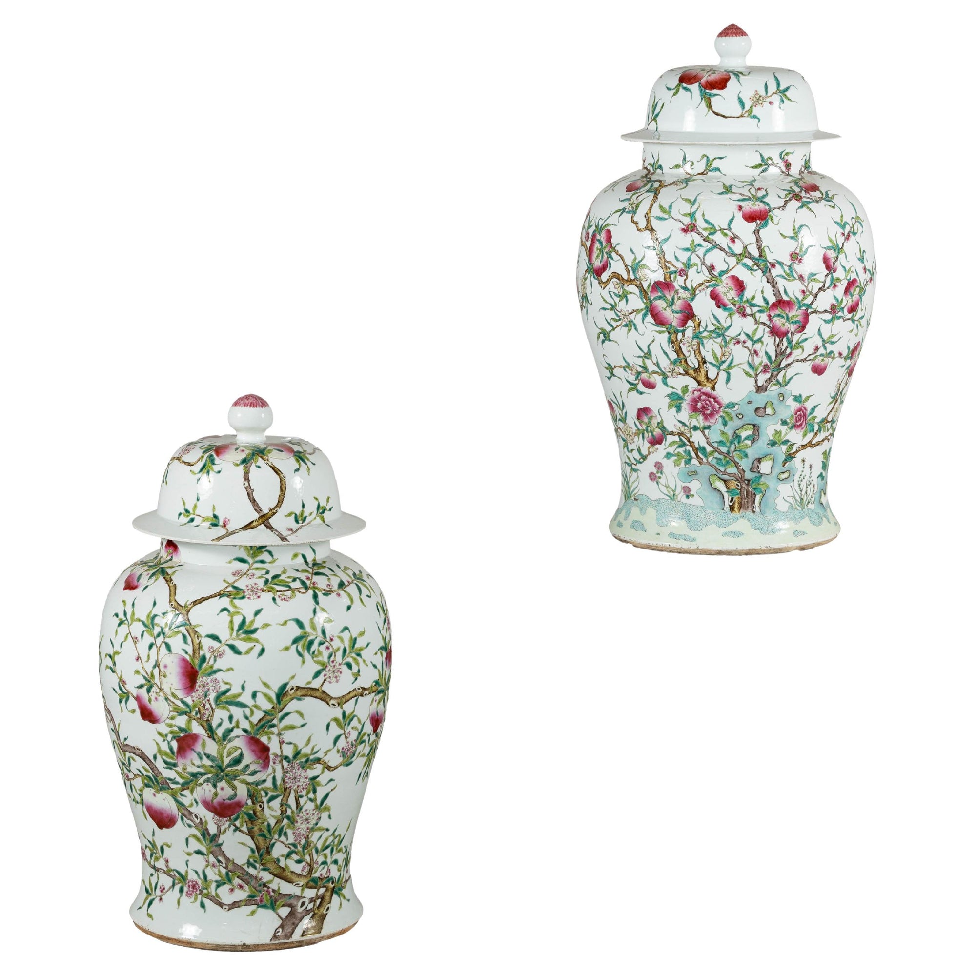 Near Pair of Famille Rose Ginger Jars with Peaches, Roses and Bats