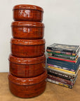 Five Nested Red Brown Wooden Storage Bowls with Lids - FEA Home